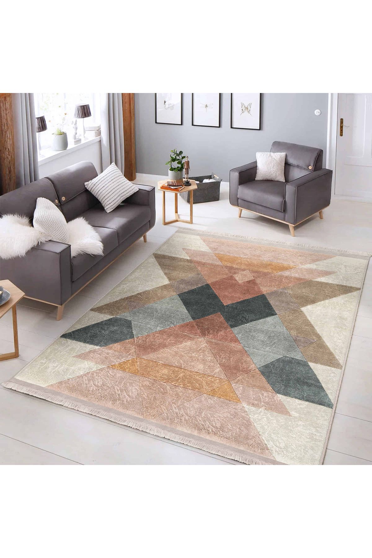 Realhomes Pastel Tonlarda Geometrik Üçgen Desenli Salon Halısı – Şık ve Modern Yıkanabilir Kaymaz Tabanli Halı