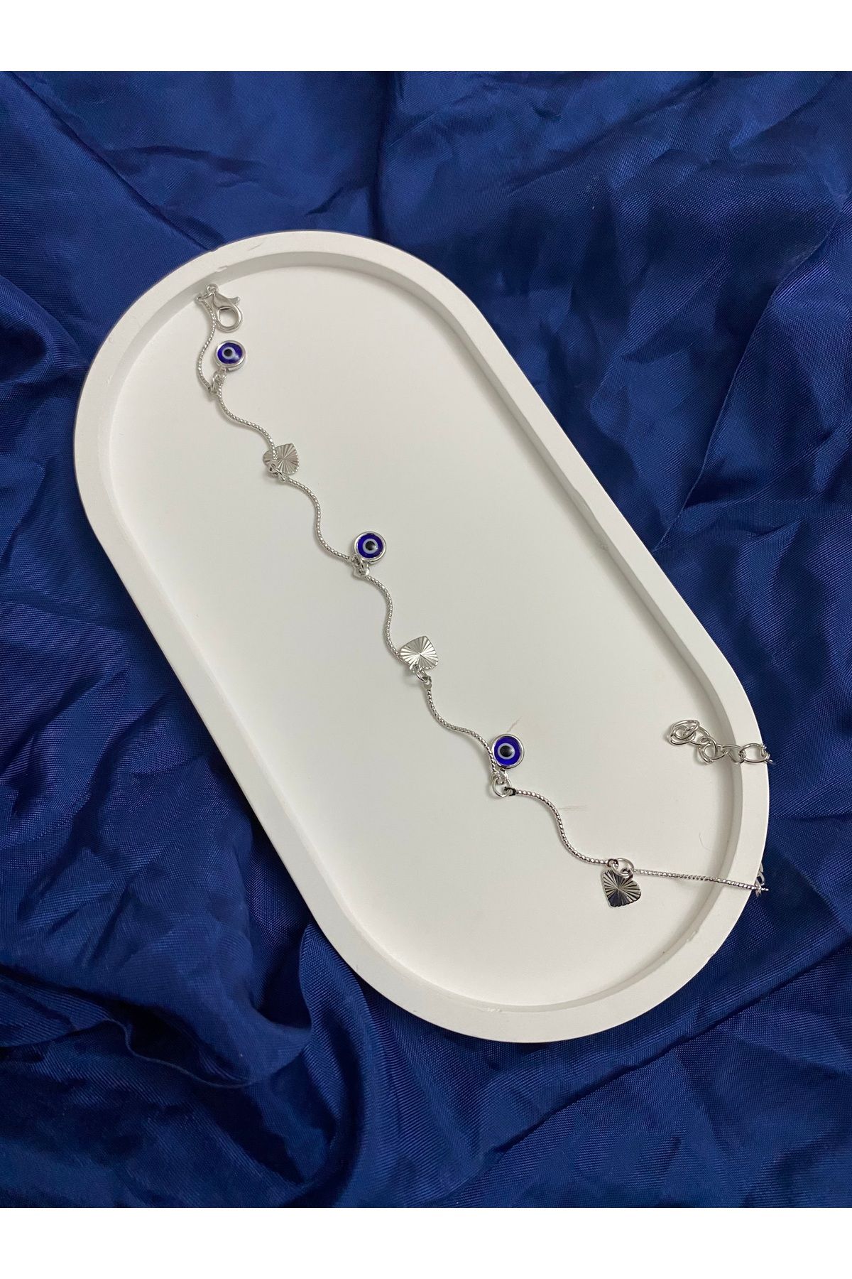 asem jewelry KALP VE NAZAR BONCUKLU GÜMÜŞ RENK DALGALI ZİNCİR HALHAL