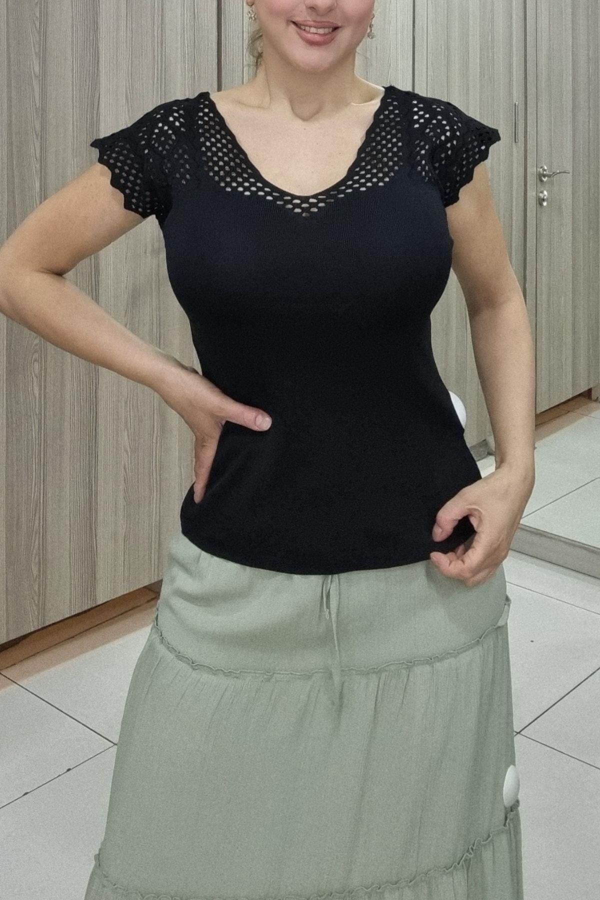 Maya Butik Lazer Kesim Ön Arka V Yazlık Triko Bluz - 2505