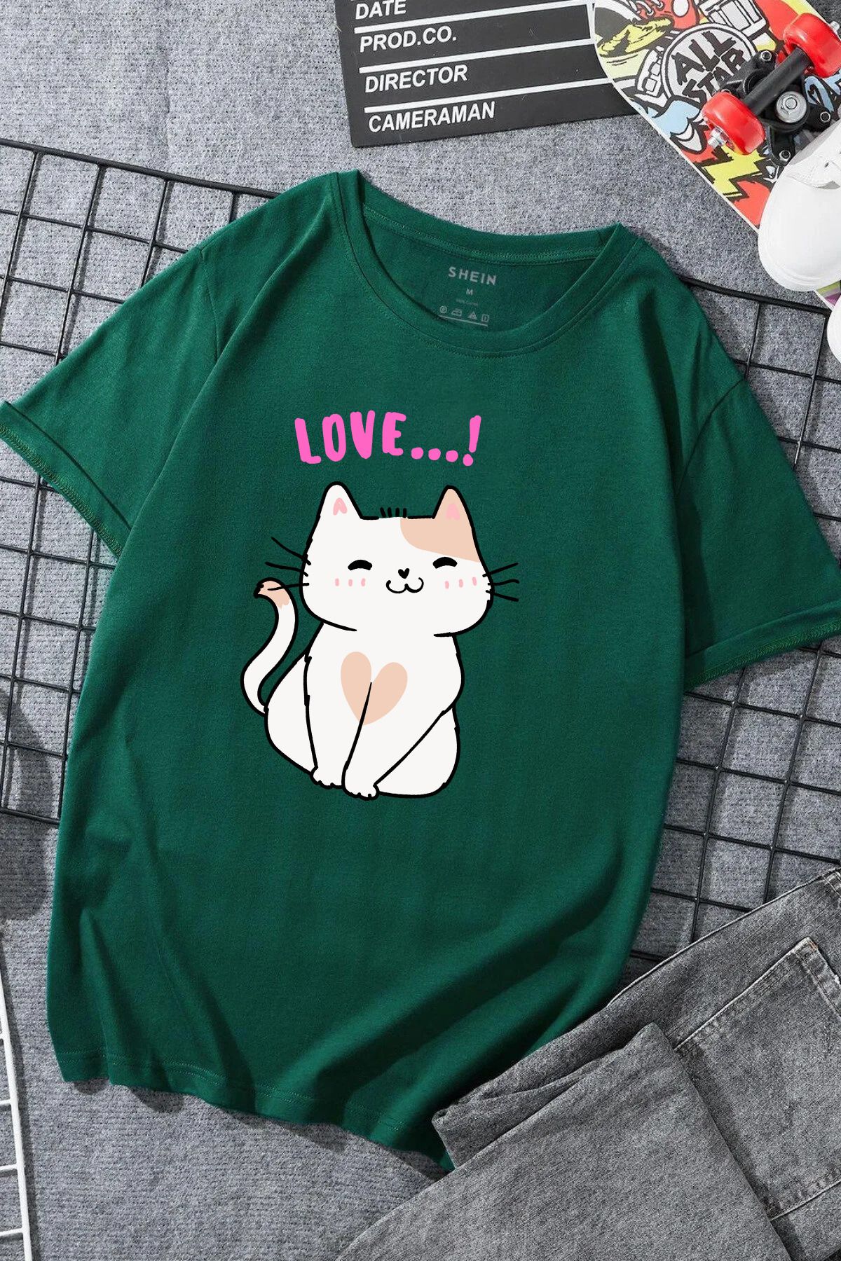 JAMPY Unisex Yeşil Cat Baskılı Oversize T-shirt