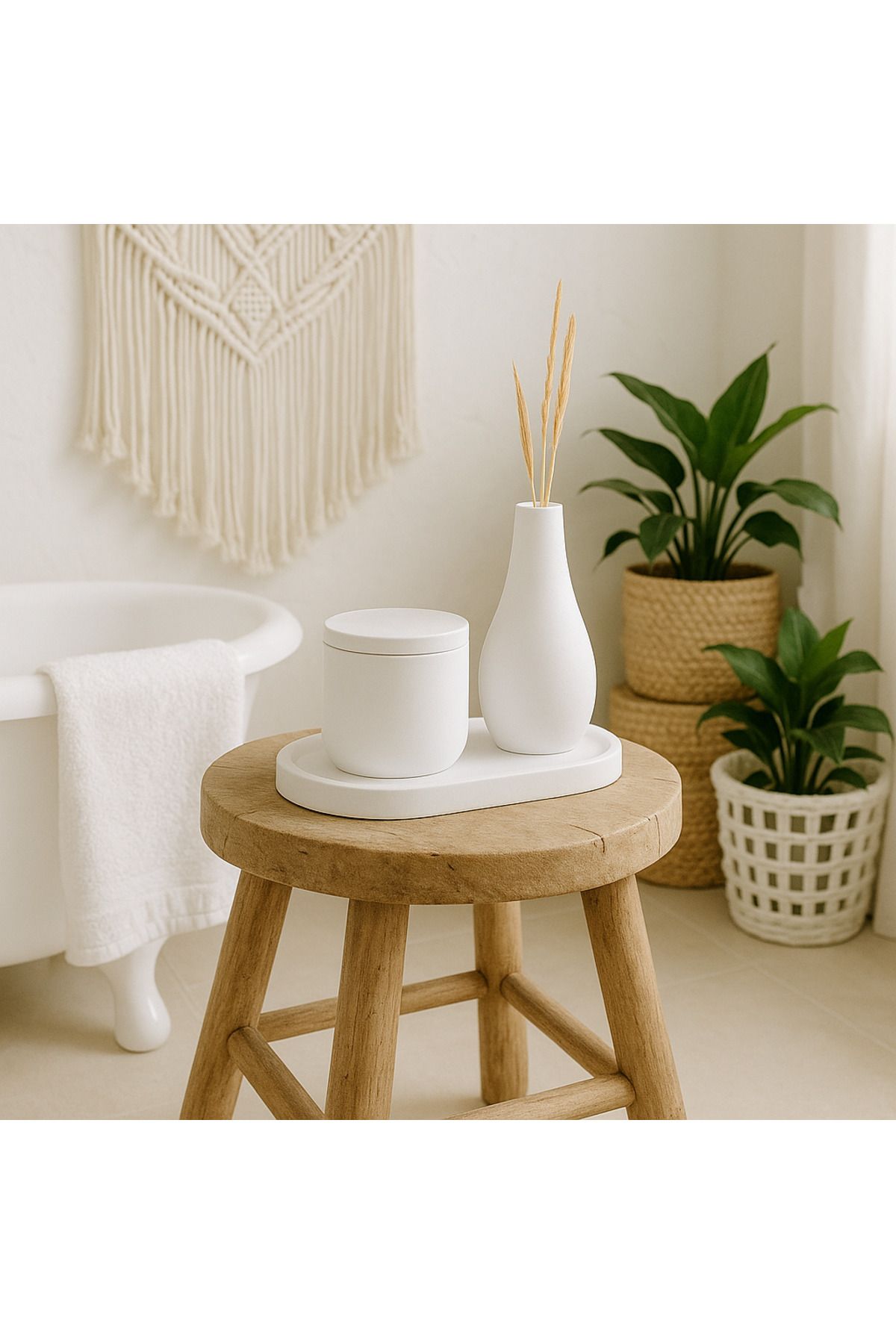 Ecomuse Home 3’lü İskandinav Beton Banyo Organizer Seti – Oval Tepsi, Kapaklı Kutu & Mini Vazo