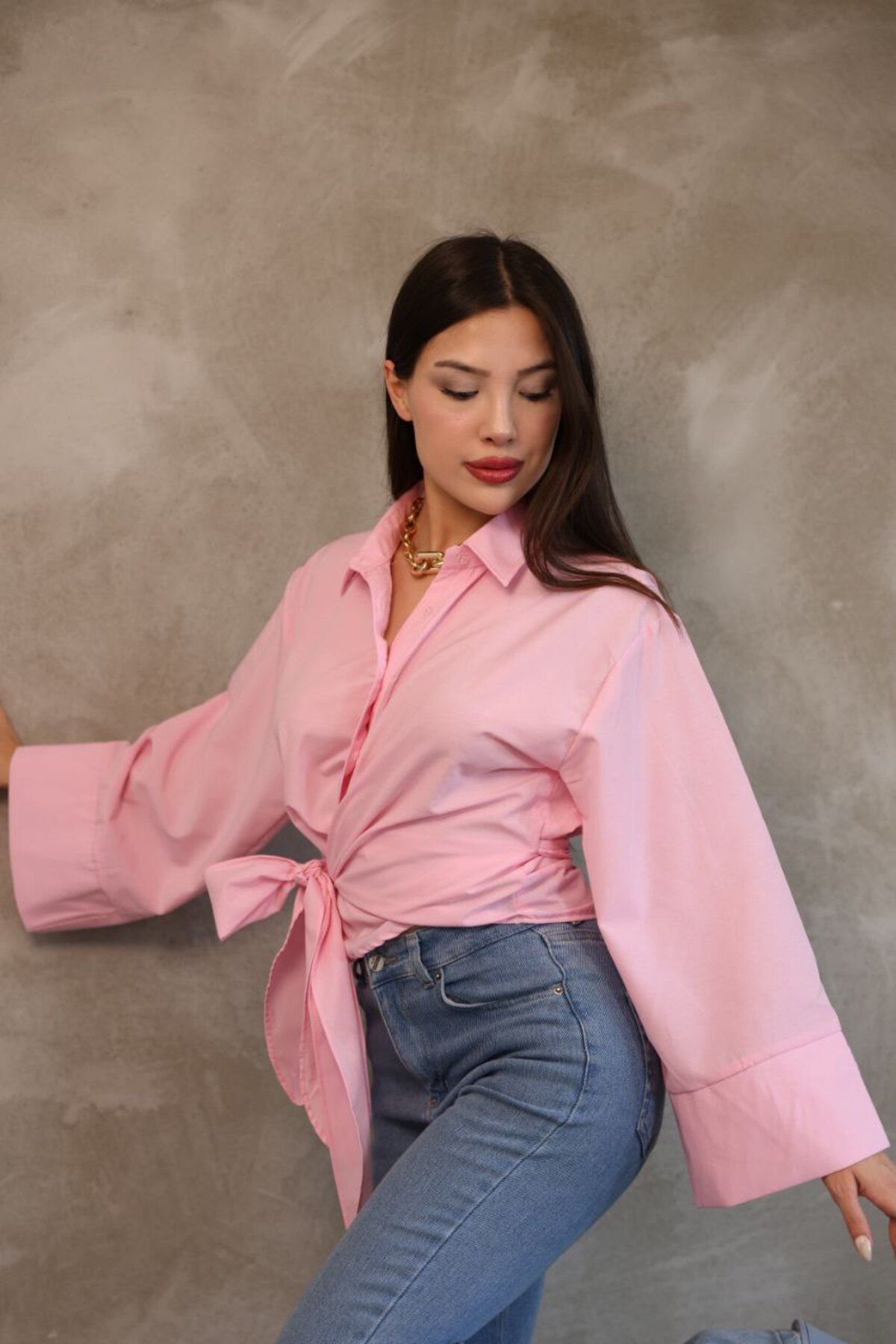 fiabafashion KUŞAKLI BAĞLAMALI İSPANYOL KOL GÖMLEK