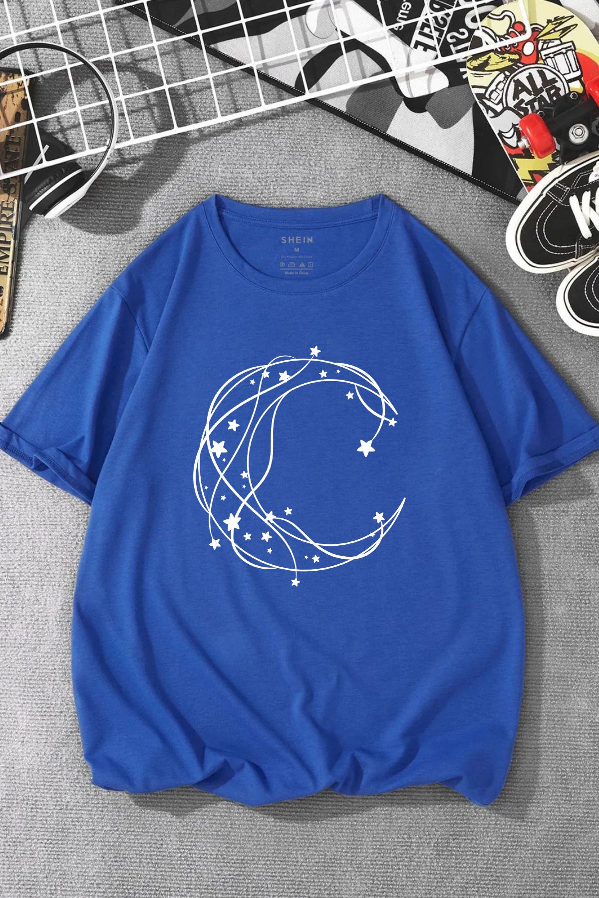 JAMPY Unisex Saks Mavi Ay Baskılı Oversize T-shirt