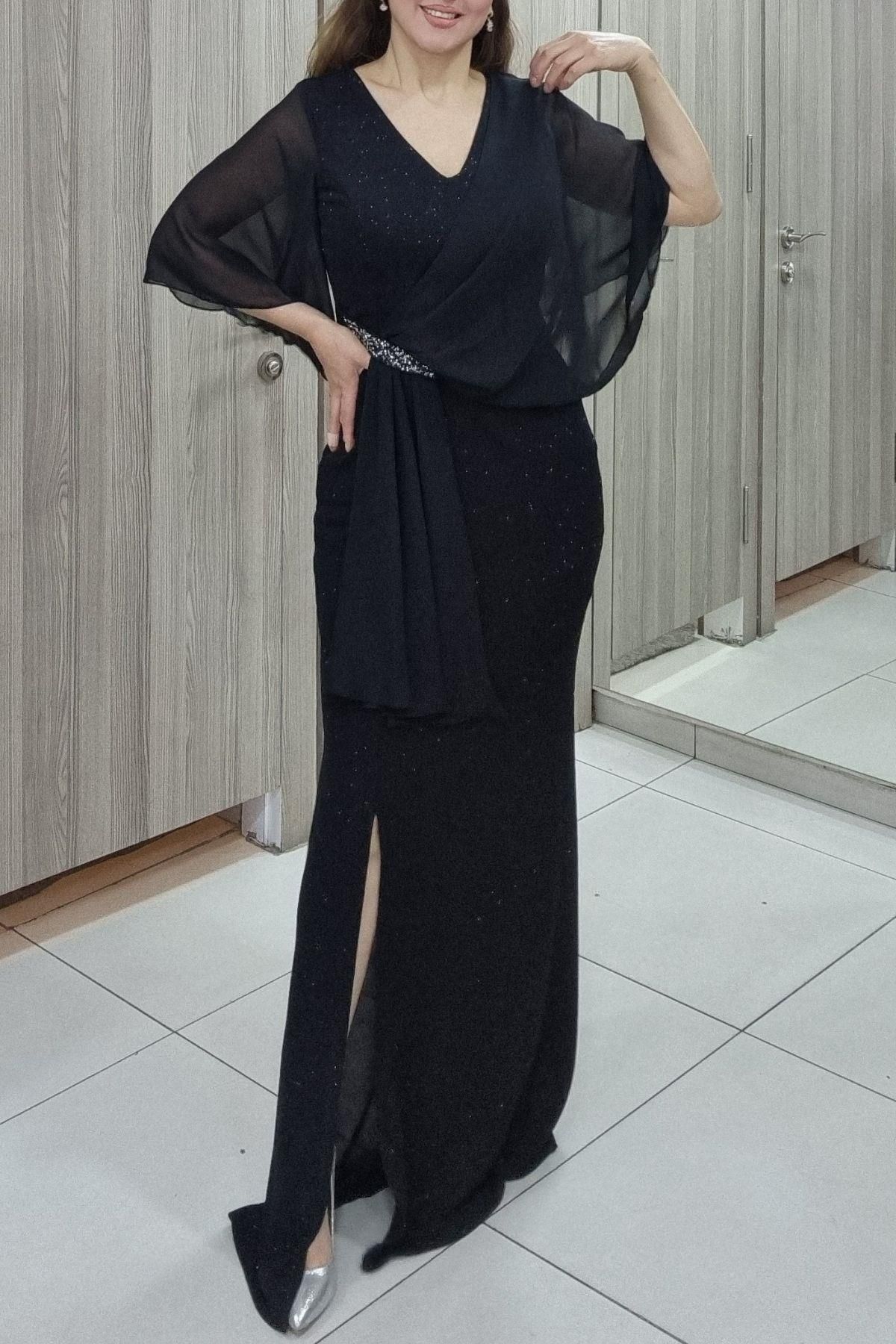 Maya Butik Siyah Şifon Kol Detaylı Büyük Beden Abiye Elbise - 39596