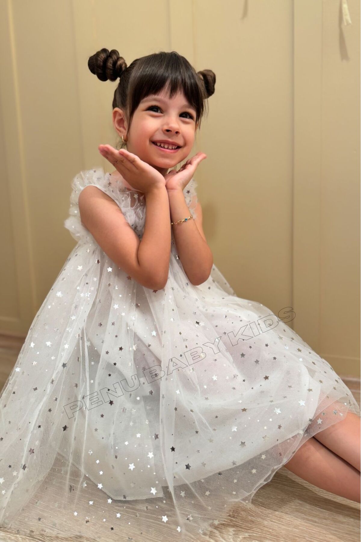 penu baby kids Beyaz Yıldız Baskılı Tül Fırfır Askı Kol Pamuk Astarlı Kız Çocuk Kız Bebek Elbise fotoğrafı 2 (önizleme)