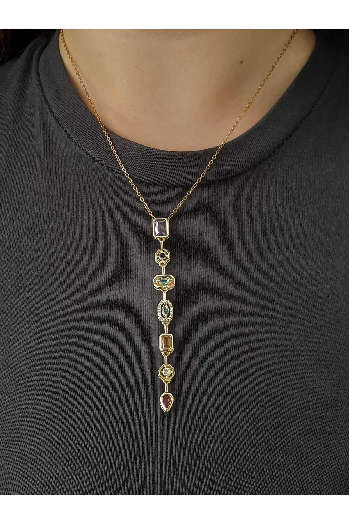 bijoux uniques Çelik Gold 7 Element Taşlı Y Kolye