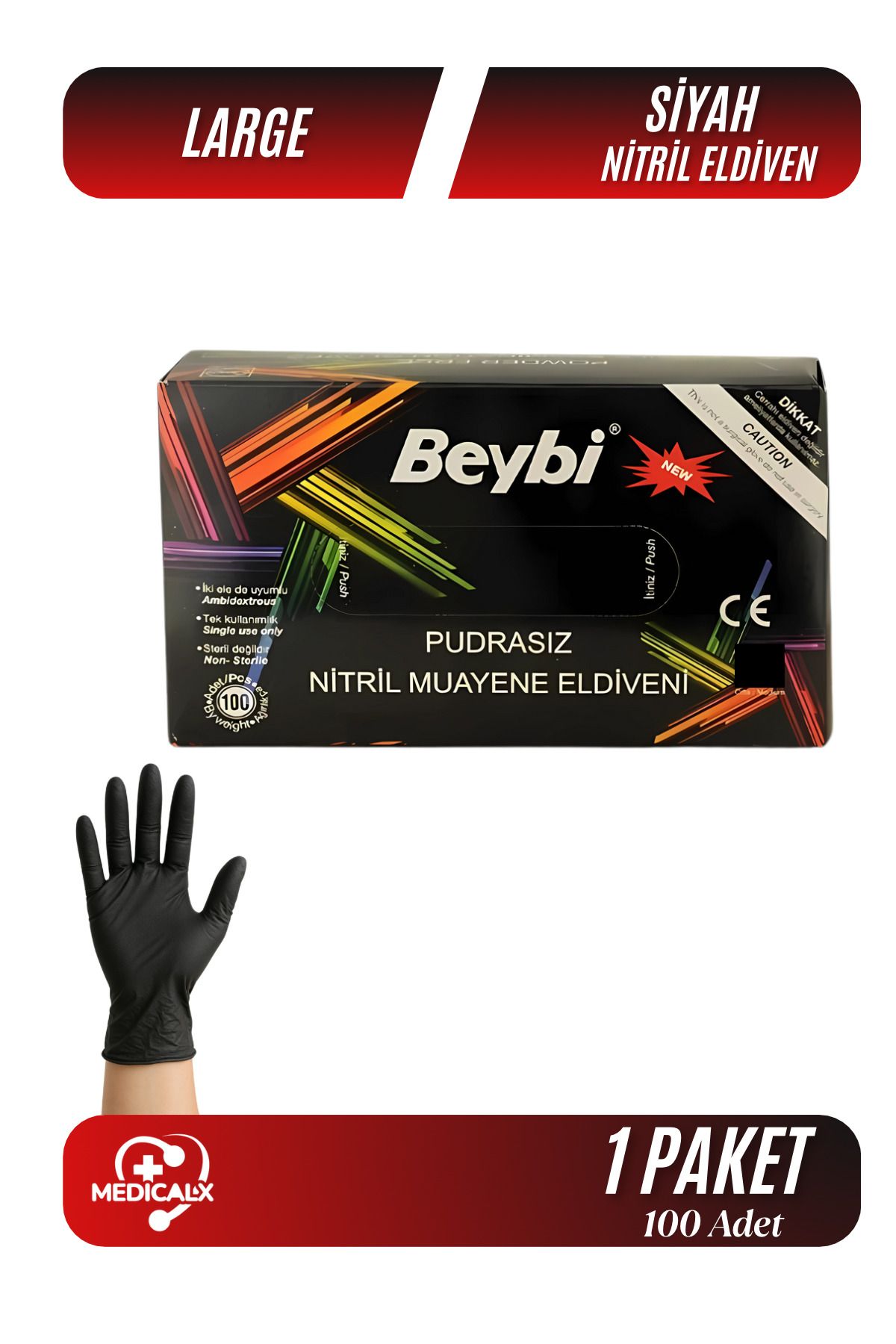 Medicalx Black Siyah Nitril Muayene Eldiveni 100 Lü Paket - Large