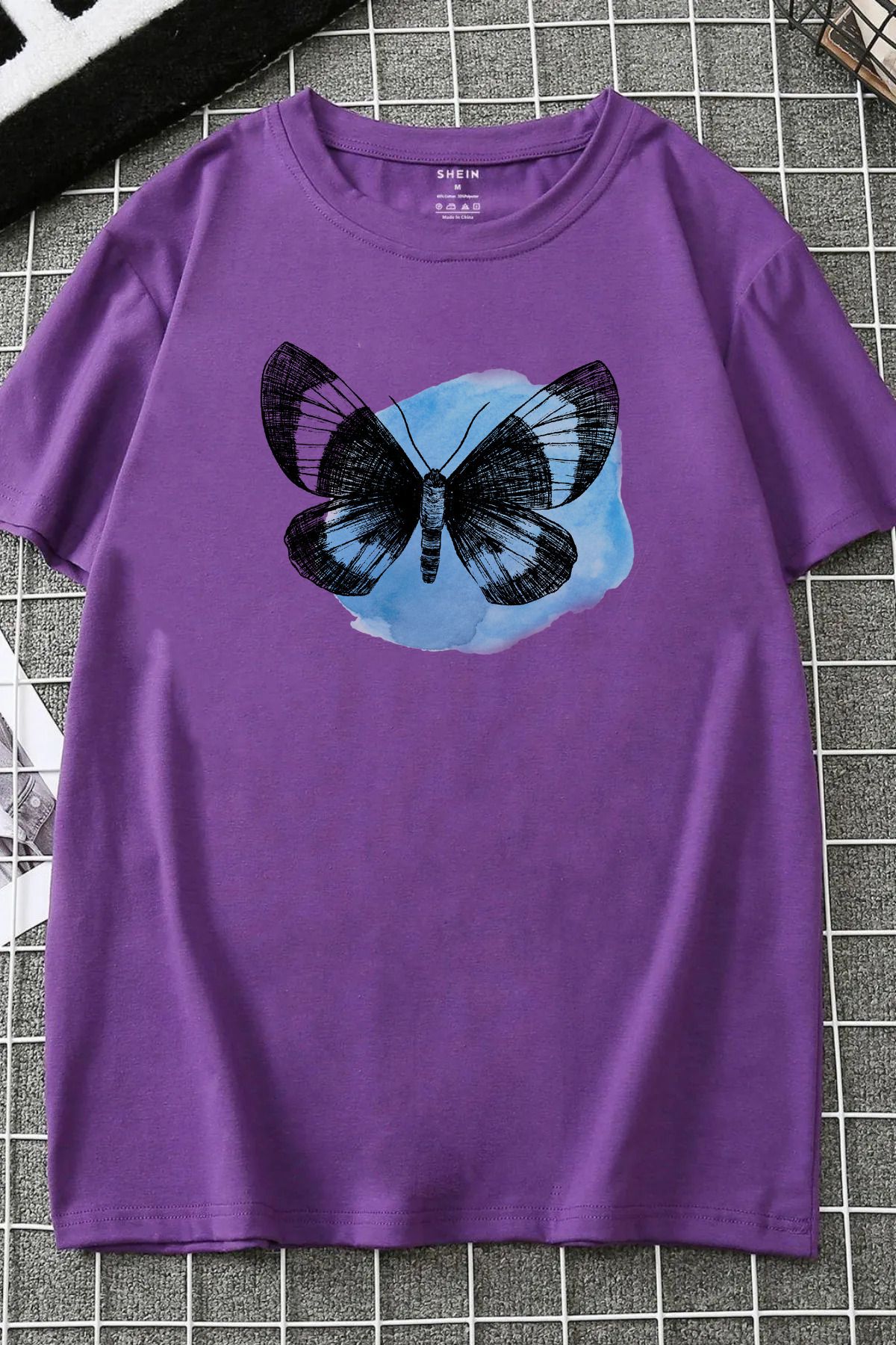 JAMPY Unisex Mor Kelebek Baskılı Oversize T-shirt