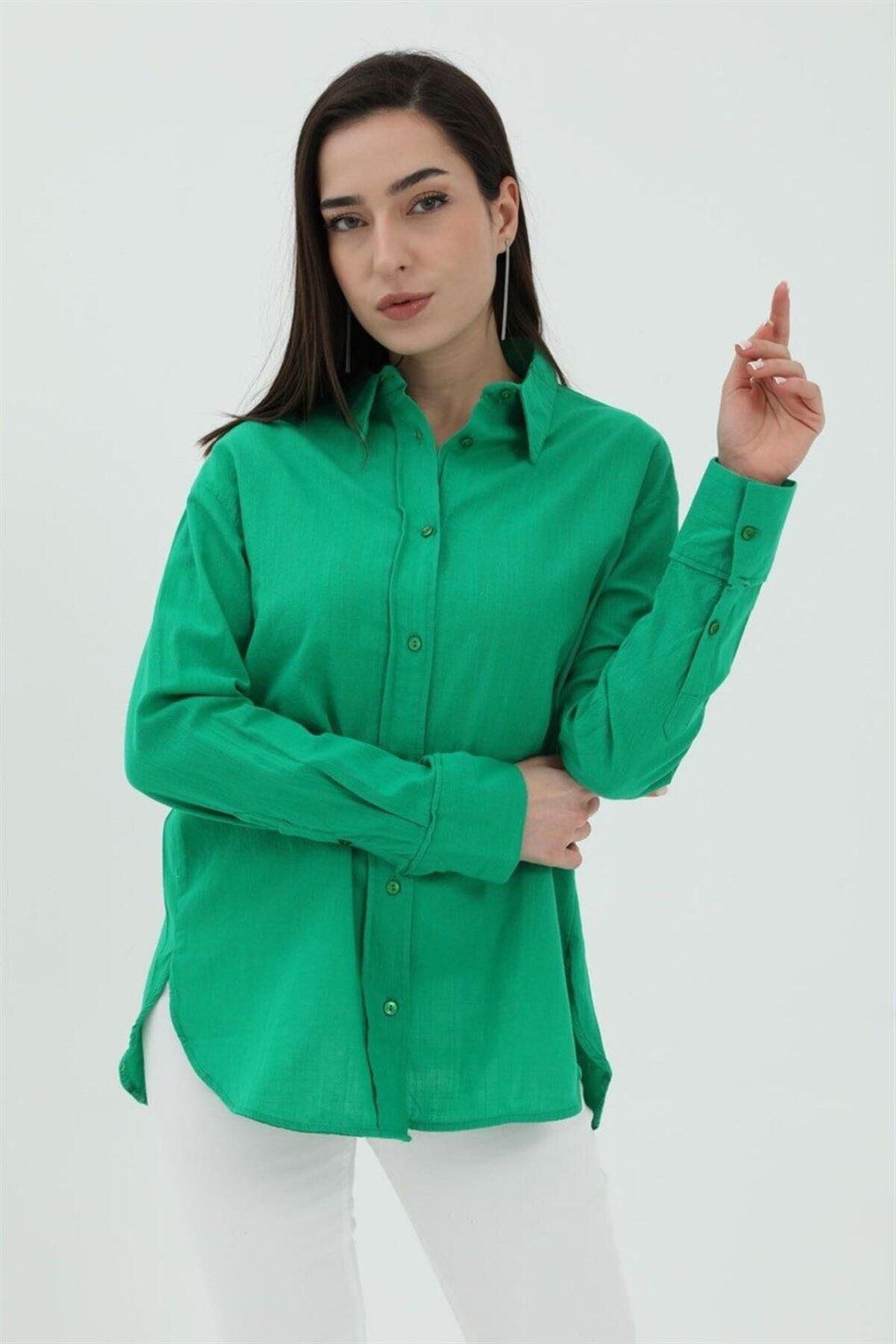 LLOHA Uzun Kol Oversize Basic Gömlek - Yeşil