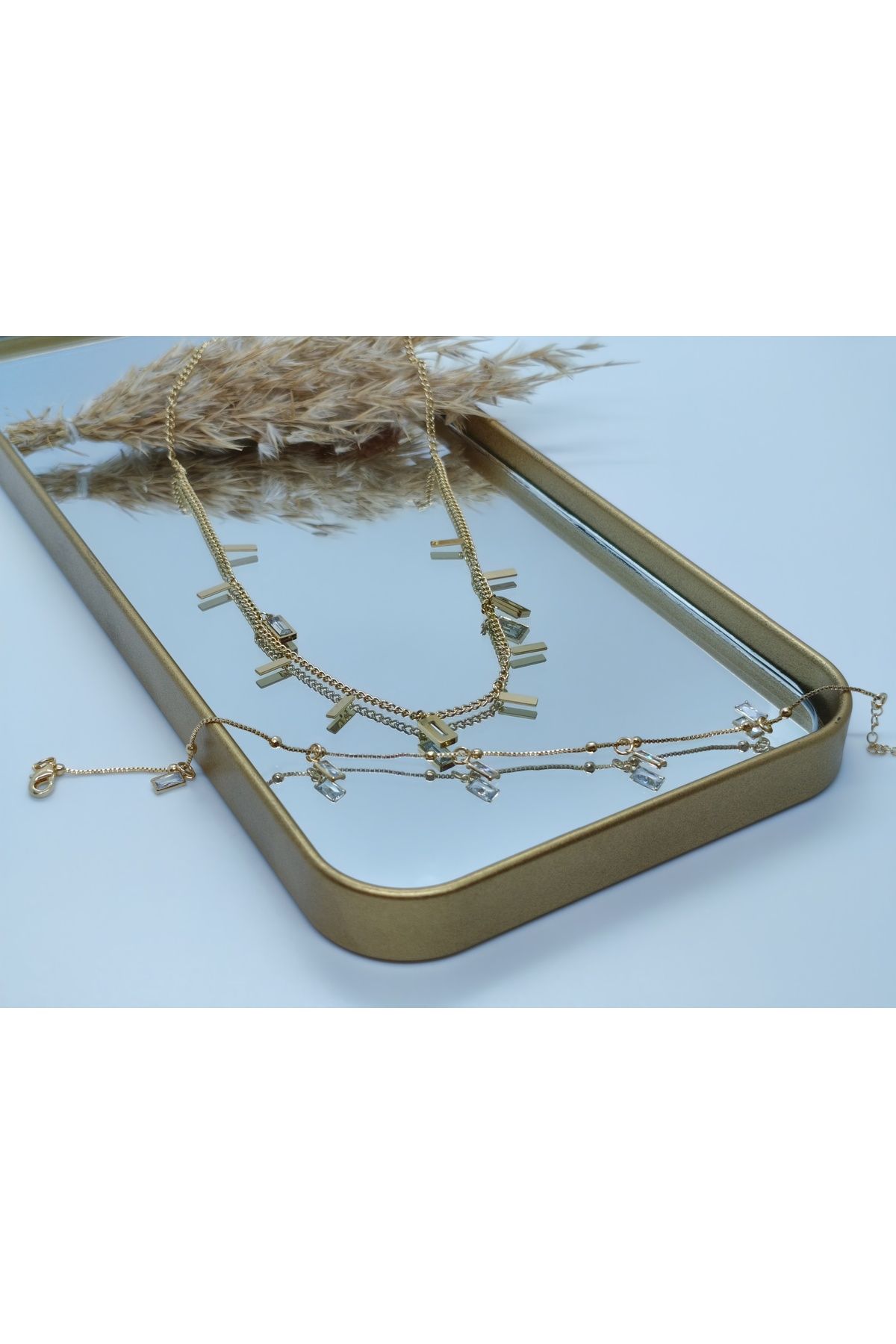 MONARE JEWELRY GOLD RENK KOLYE&HALHAL SETİ PASLANMAZ ÇELİK SUYA VE KARARMAYA DAYANIKLI ANTİALERJİK