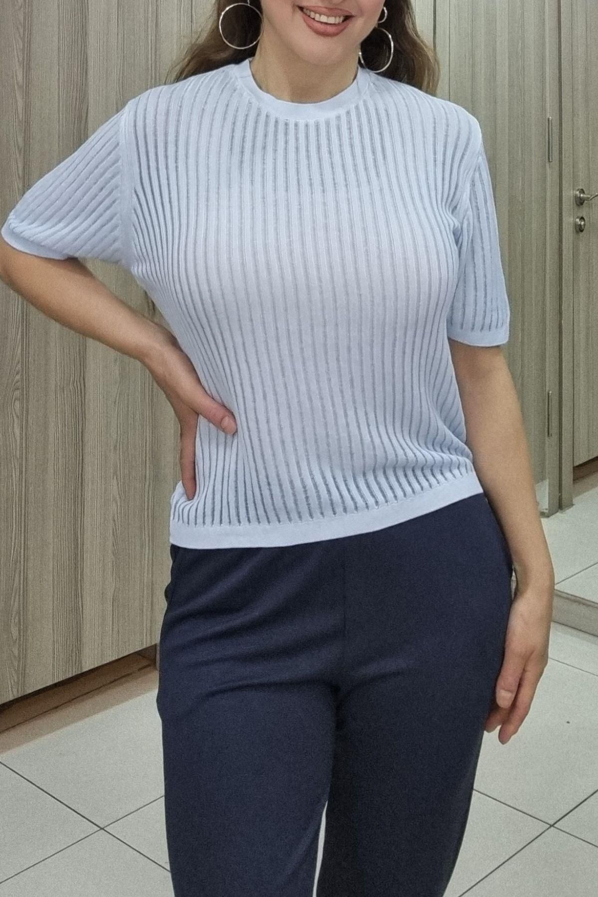 Maya Butik Bisiklet Yaka Şerit Detaylı Merserize Bluz - 119