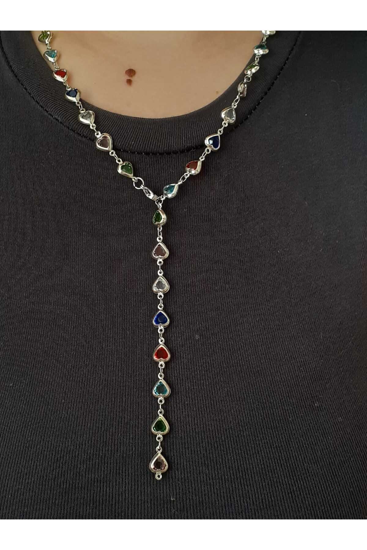 bijoux uniques Çelik Kalpli Çok Renkli Y Kolye