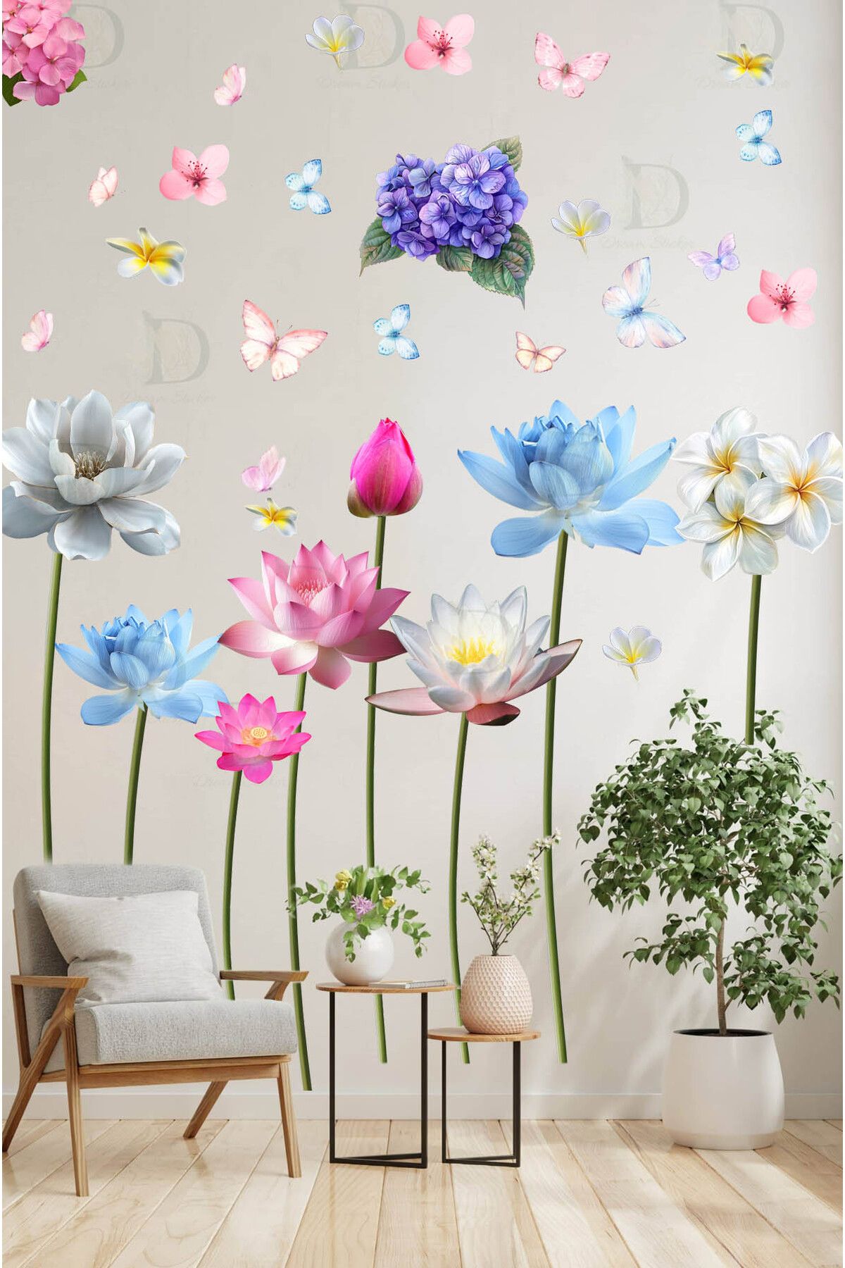 KT Decor Rengarenk Lotus Çiçekleri ve Kelebekler Duvar Sticker Seti