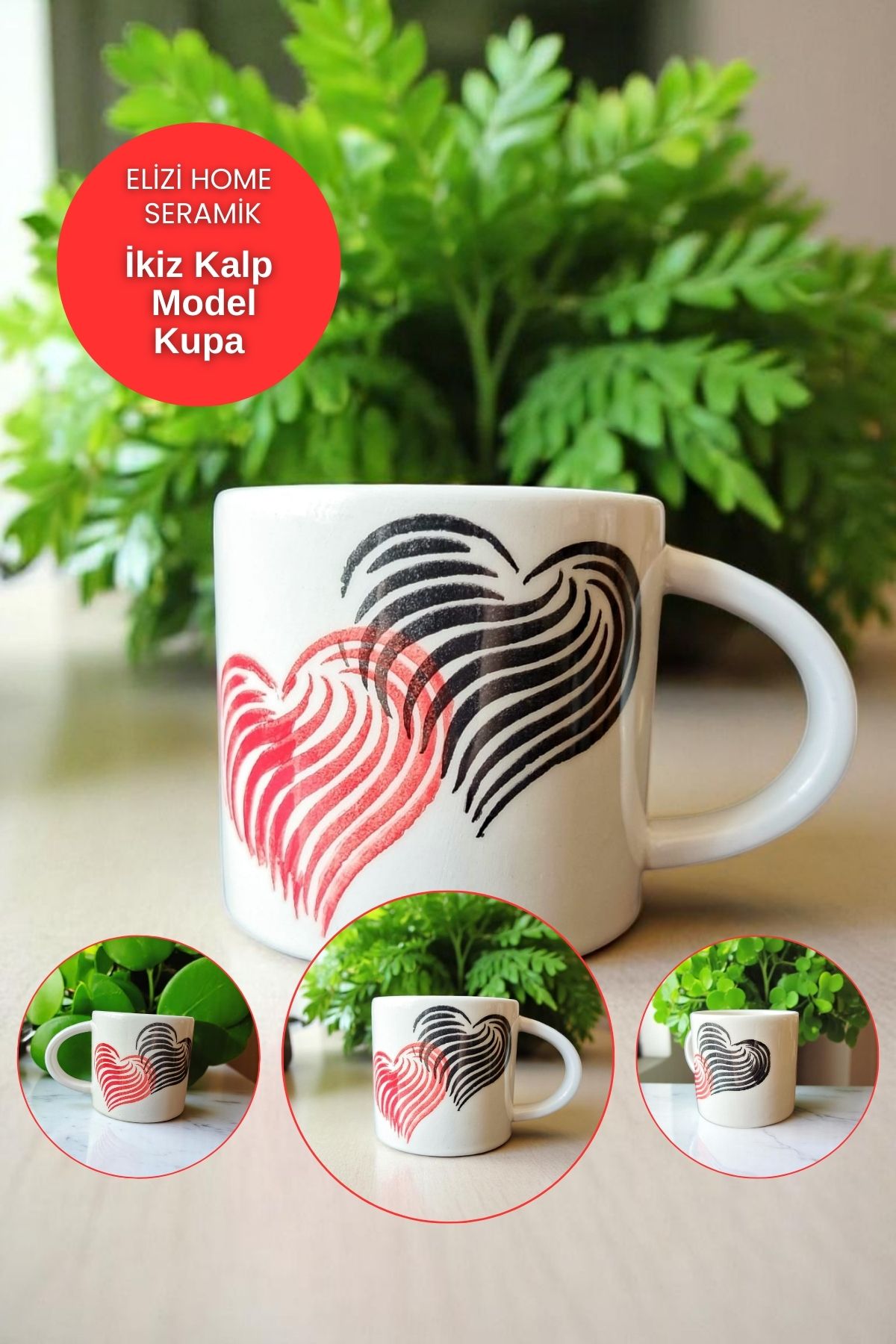 REAY HOME El Yapımı Seramik İkiz Kalp Model Model Mug Kupa Fincan | Mug Fincan Kupa Kahve Kupası