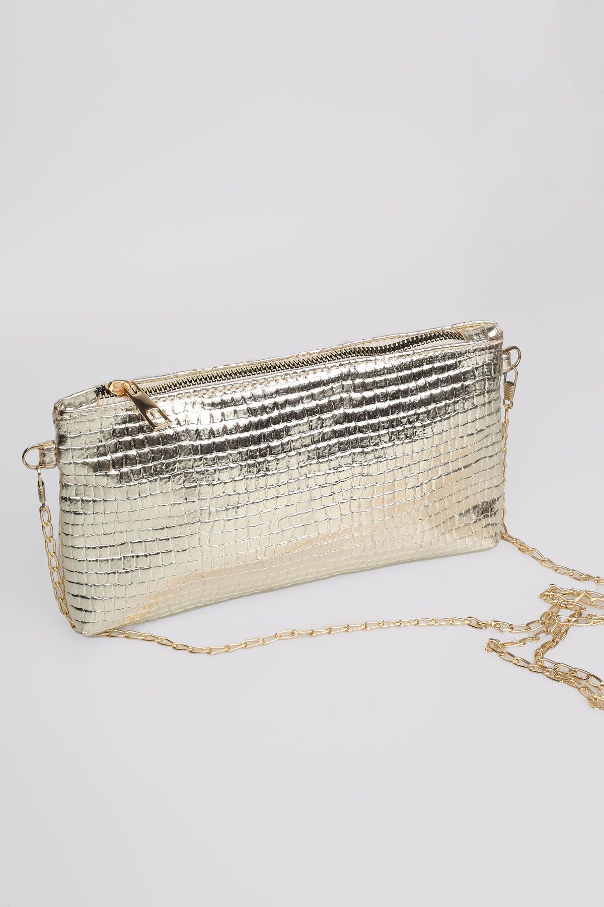 Bagfoni Kadın Parlak Gold Kroko Abiye Clutch Ve Çapraz Zincirli Omuz Çantası