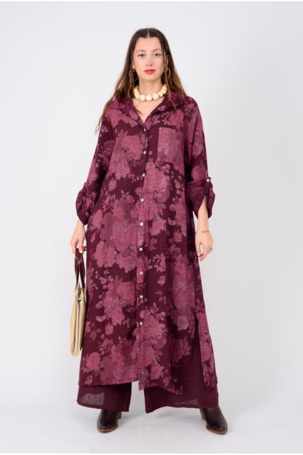 Butik Ayseba Park Moda Kadın Bordo Gül Desenli Keten Gömlek Elbise