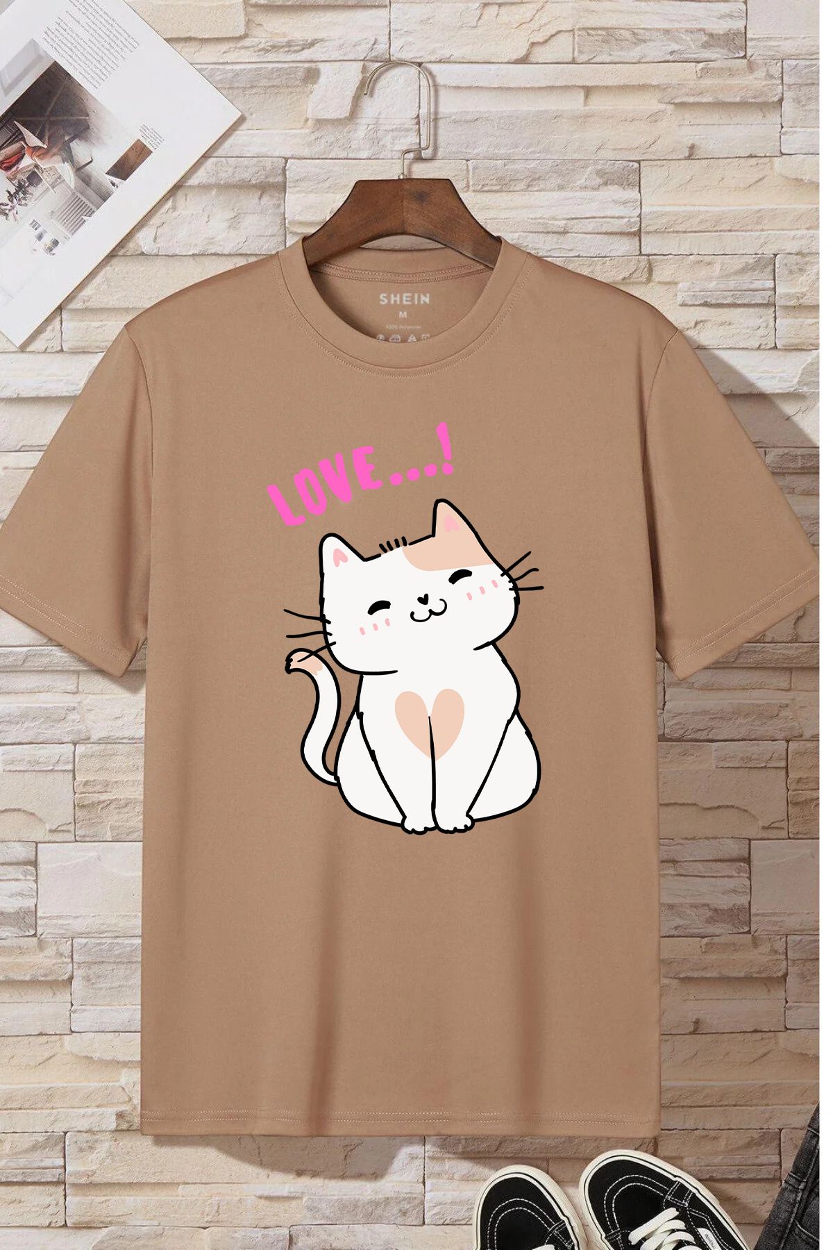 JAMPY Unisex Bej Cat Baskılı Oversize T-shirt