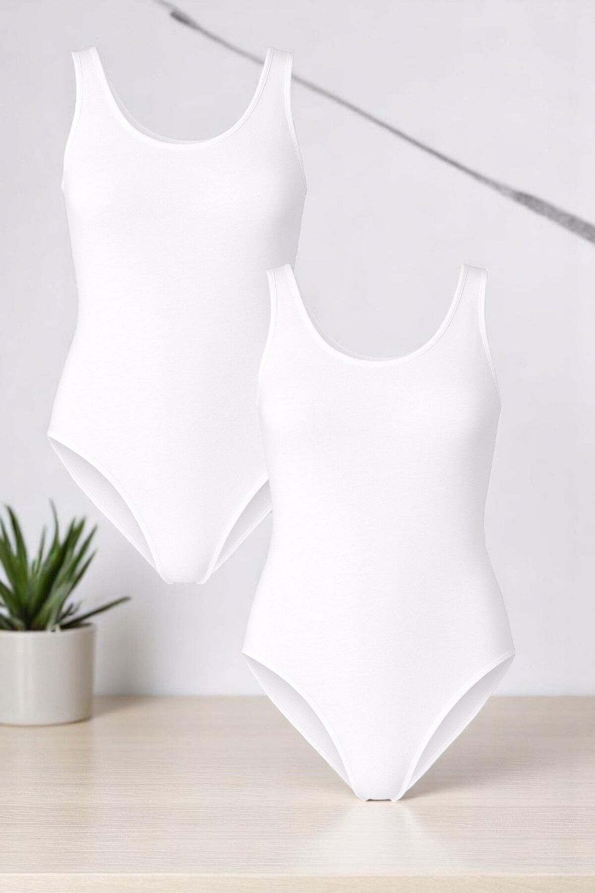 QKK Kadın Pamuklu Likralı Penye Kalın Askılı Beyaz 2'li Çıtçıtlı Body