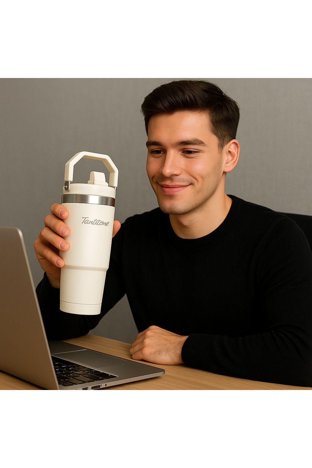 Tantitoni Shela Çelik Kulplu - Aç-Kapa Pipetli - 900 ML Premium Termos - Paslanmaz Çelik
