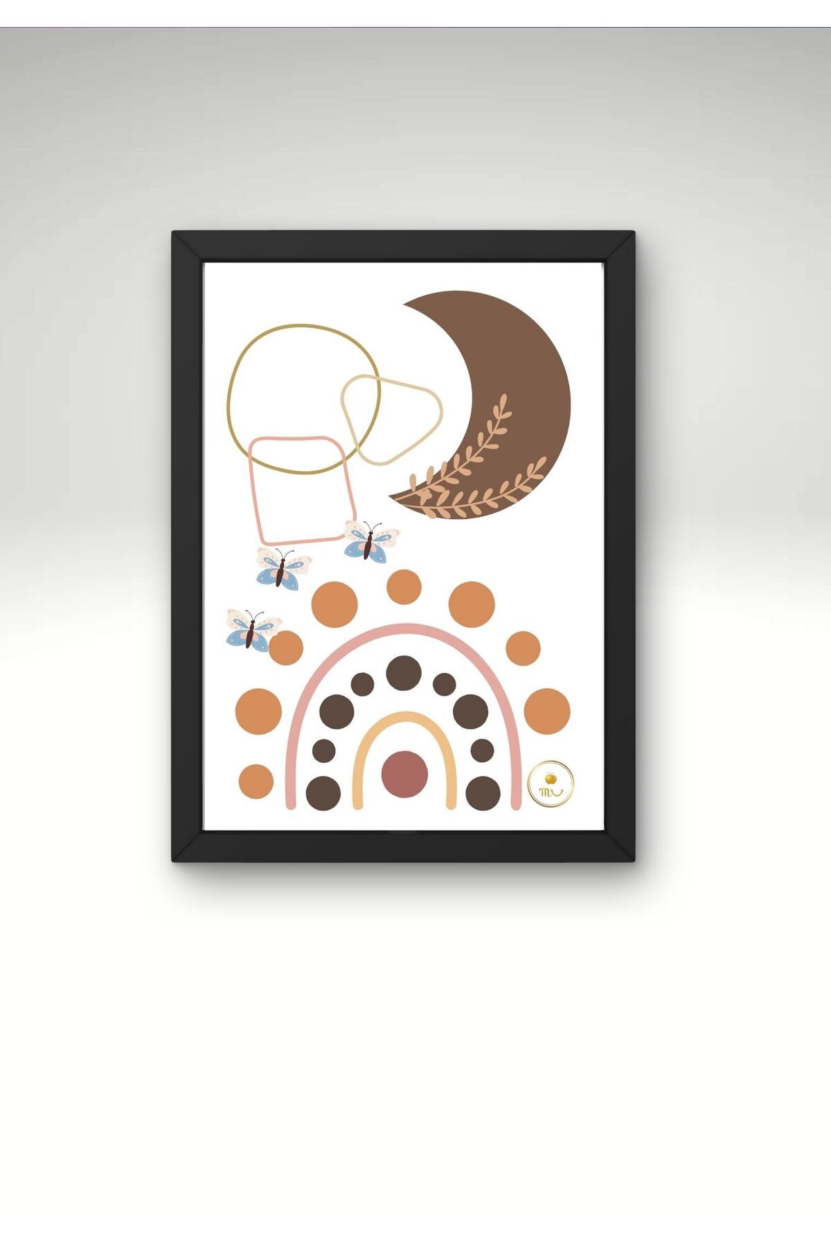 mutasarım Ahşap Çerçeveli Boho Gökkuşağı ve Ay Temalı Minimalist Poster Duvar Dekoru Tablo