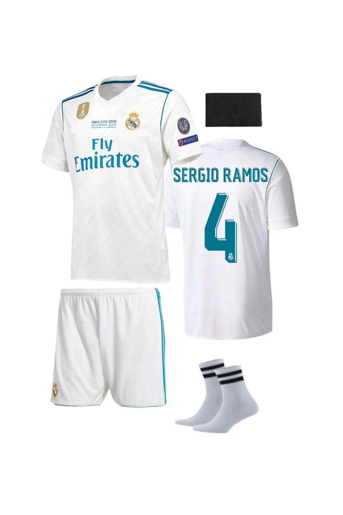 yenteks Real.Madird. Sergio Ramos 2018 Şampiyonlar Ligi Beyaz Çocuk Forması 4 parça