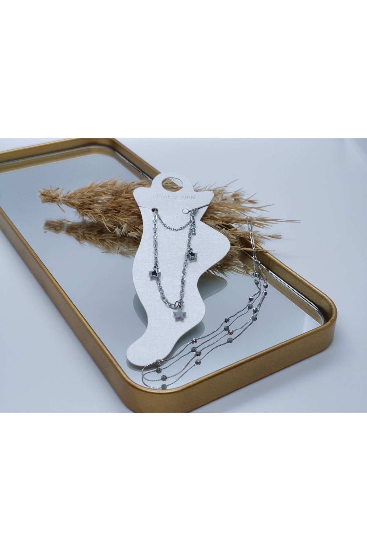 MONARE JEWELRY SİLVER RENK KOLYE&HALHAL SETİ PASLANMAZ ÇELİK SUYA VE KARARMAYA DAYANIKLI ANTİALERJİK