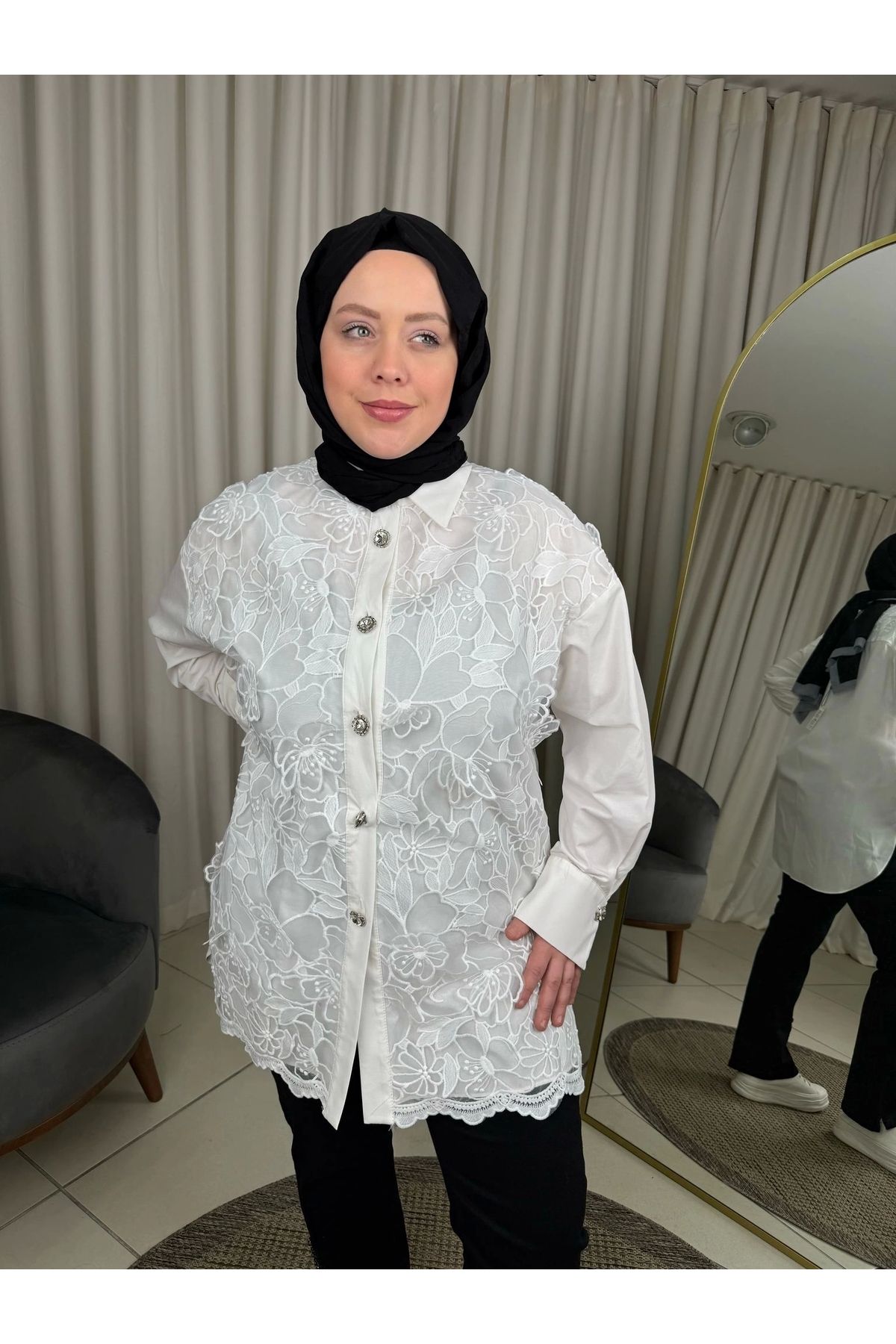 my312 Dantelli Taşlı Düğmeli Tunik 25s8615 - Ekru