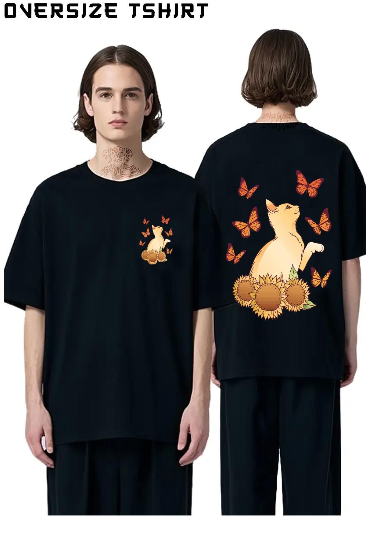 ZOKAWEAR Kedi-Kelebek-Ayçiçeği Sırt Baskılı Oversize Tişört