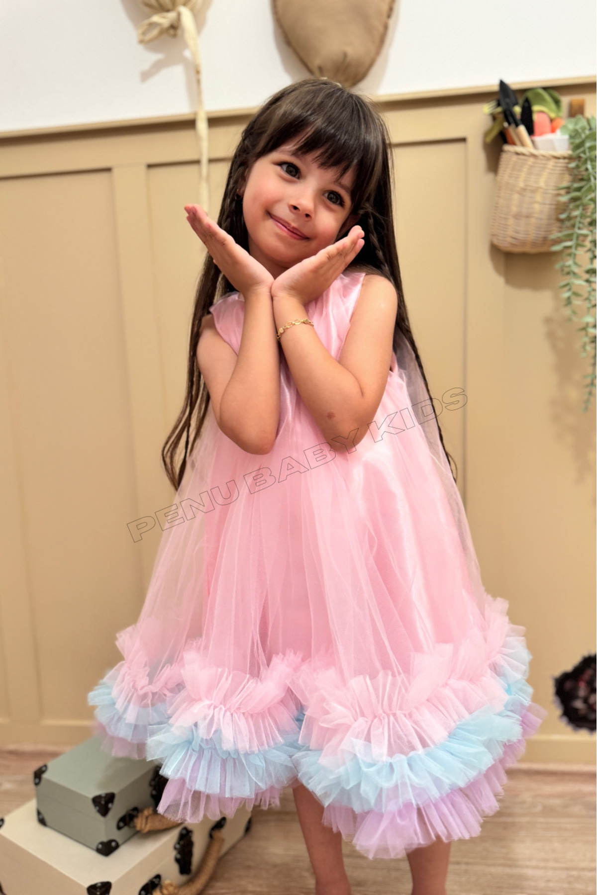 penu baby kids Pembe Jile Eteği 3 Şeritli Renkli Fırfırlı Tül Altı Saten Pamuk Astarlı Kız Çocuk Kız Bebek Elbise fotoğrafı 6 (önizleme)