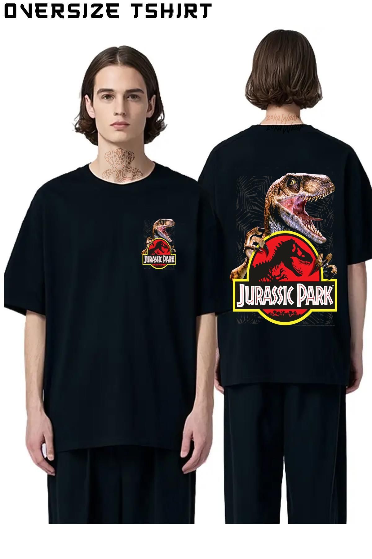 ZOKAWEAR Jurassic-Park-Tropical-Dark Sırt Baskılı Oversize Tişört