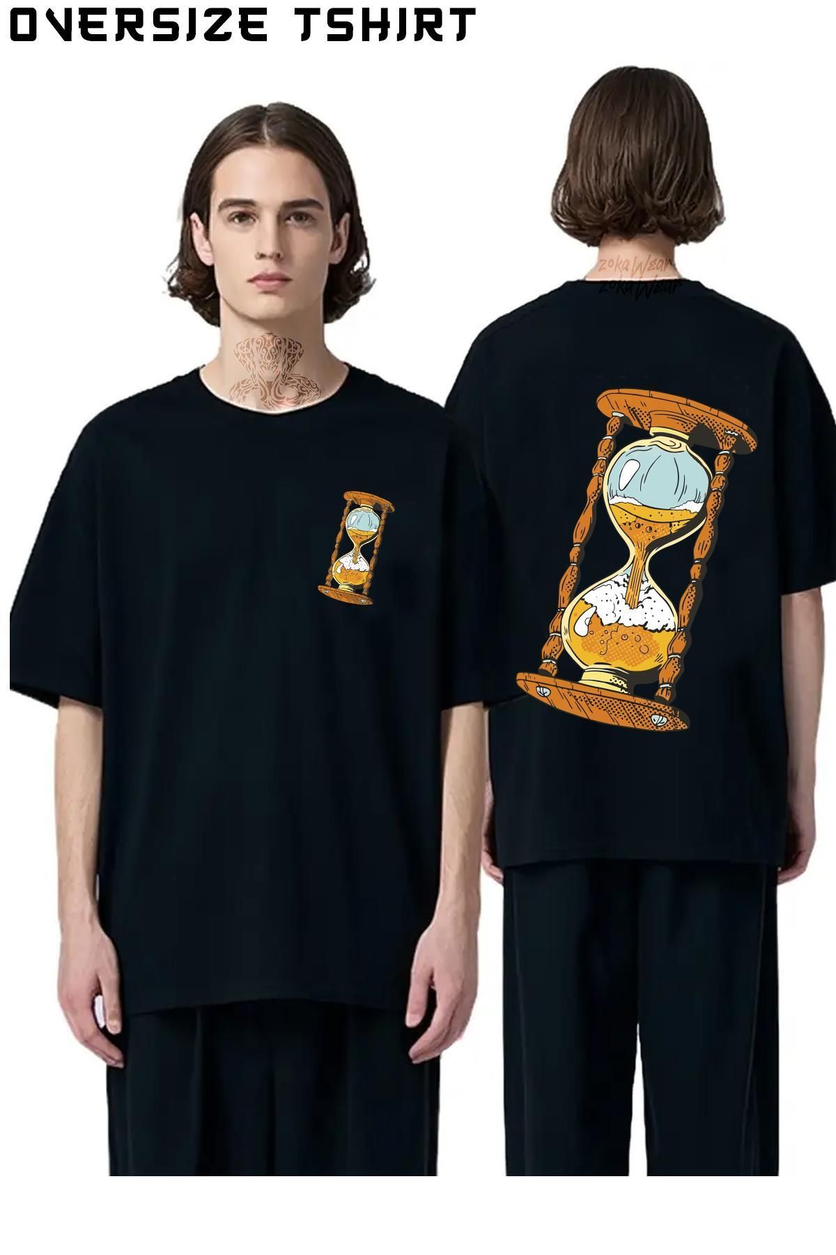 ZOKAWEAR Kum-Saati-Zaman-Ahşap-Deger Sırt Baskılı Oversize Tişört