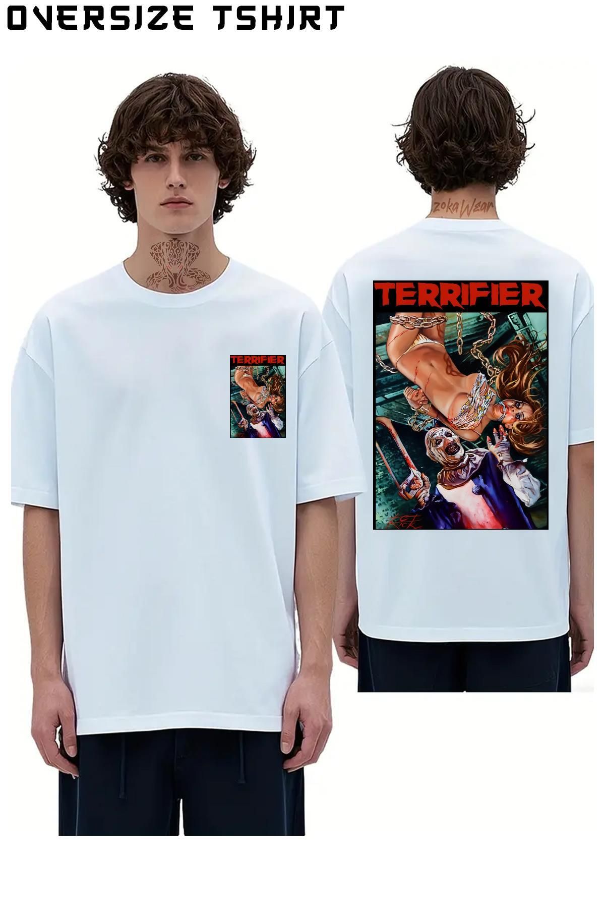 ZOKAWEAR Terrifier-Art-The-Clown-Horror-Movie-Art Sırt Baskılı Oversize Tişört
