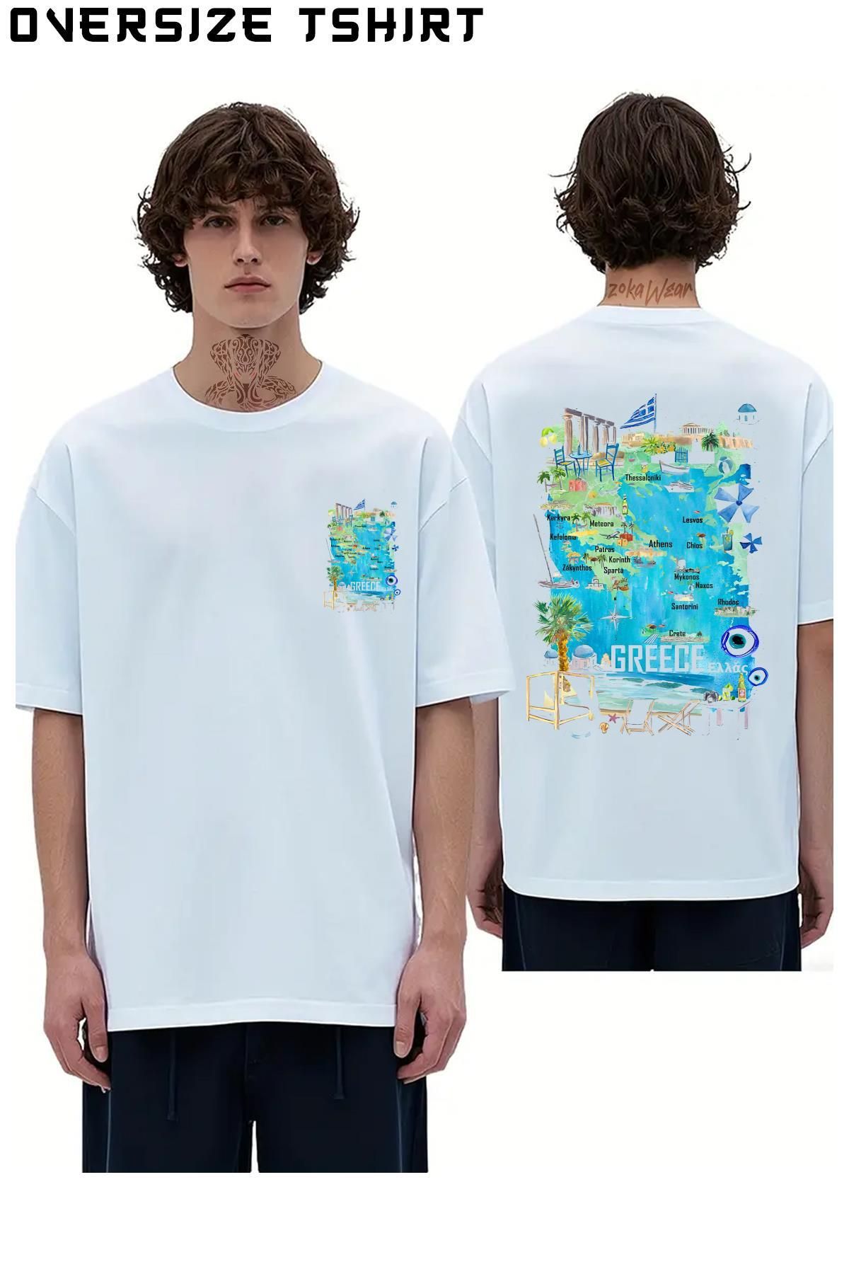 ZOKAWEAR Greece-Illustrated-Travel-Map Sırt Baskılı Oversize Tişört