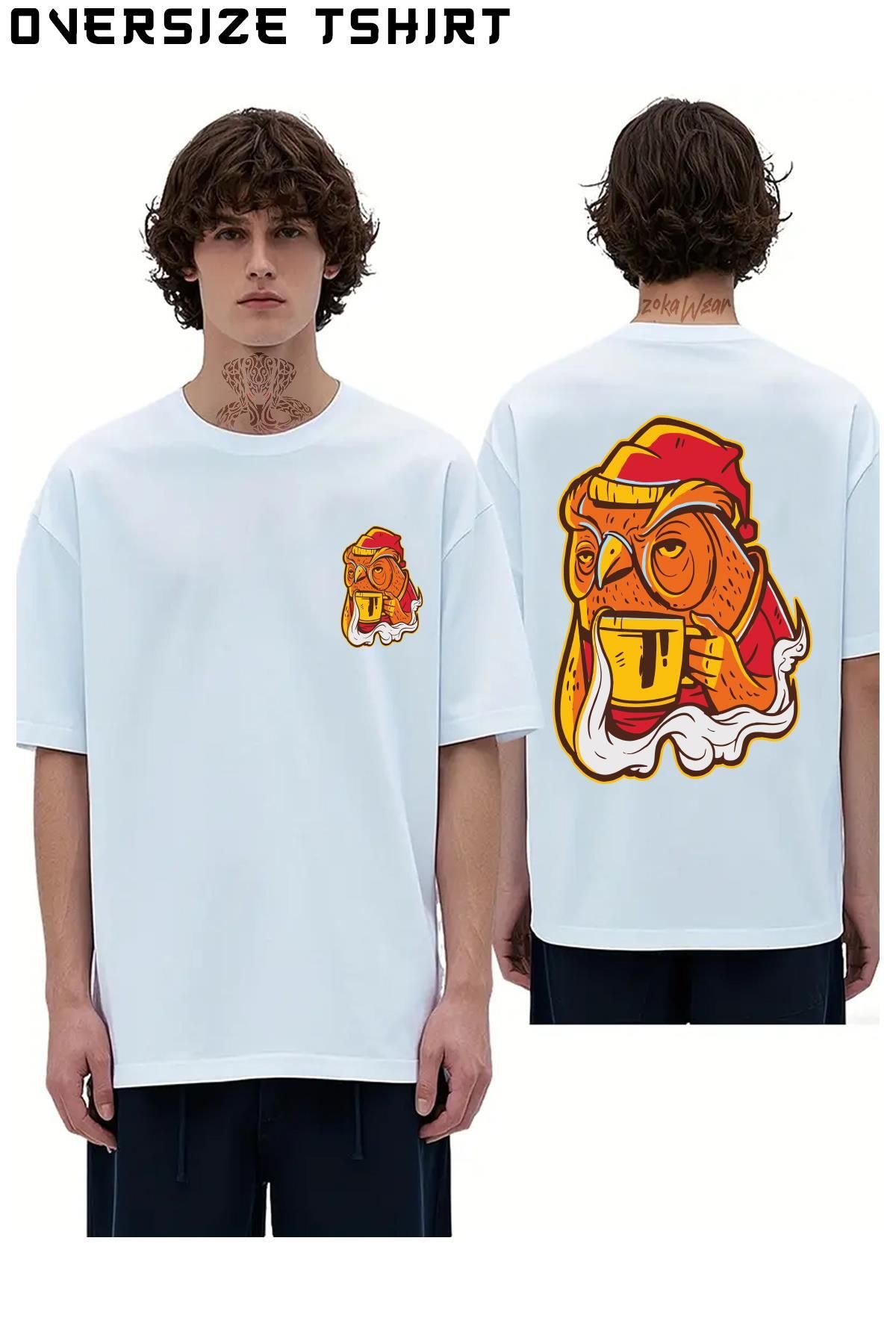 ZOKAWEAR Kahve-Içen-Uykusuz-Baykuş Sırt Baskılı Oversize Tişört