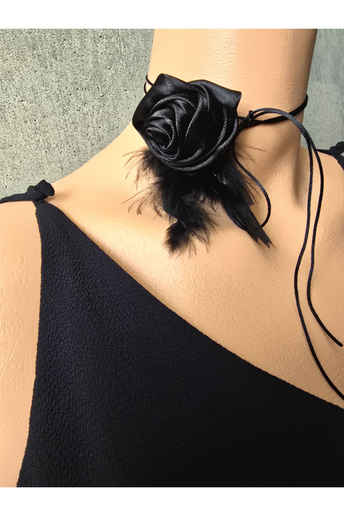 Riccoco Accessory Siyah Saten Gül Otriş Detay Gül Broş Gül Choker Gül Pens Toka