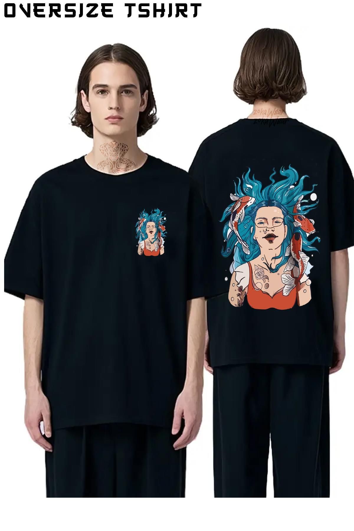 ZOKAWEAR Deniz-Kızı-Balık-Kadın Sırt Baskılı Oversize Tişört
