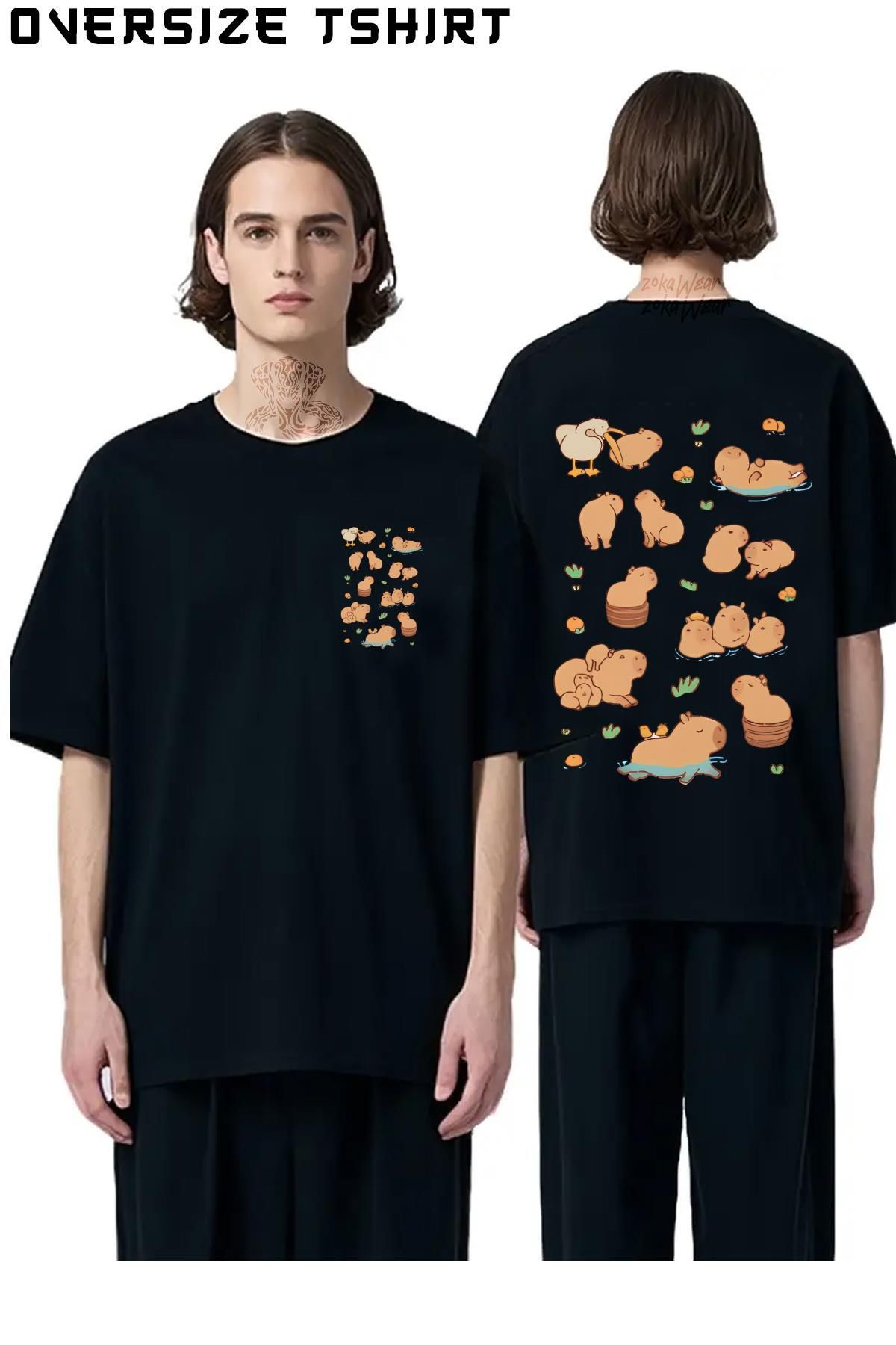 ZOKAWEAR Capybara-Cute-Seamless-Pattern Sırt Baskılı Oversize Tişört