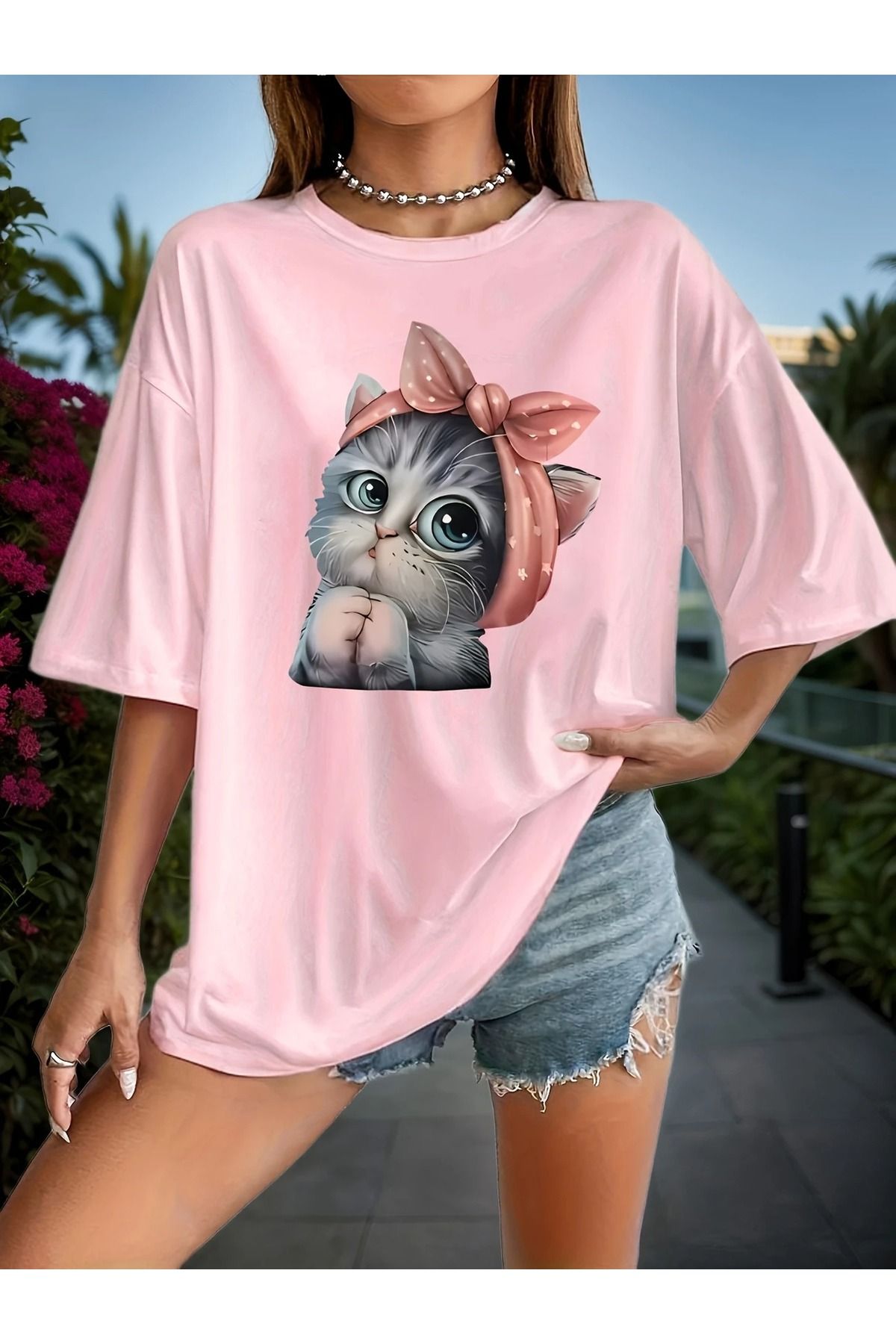 WOODROFFE Kadın Sevimli Kedi Baskılı Oversize Salaş Bisiklet Yaka T-shirt Boyfriend