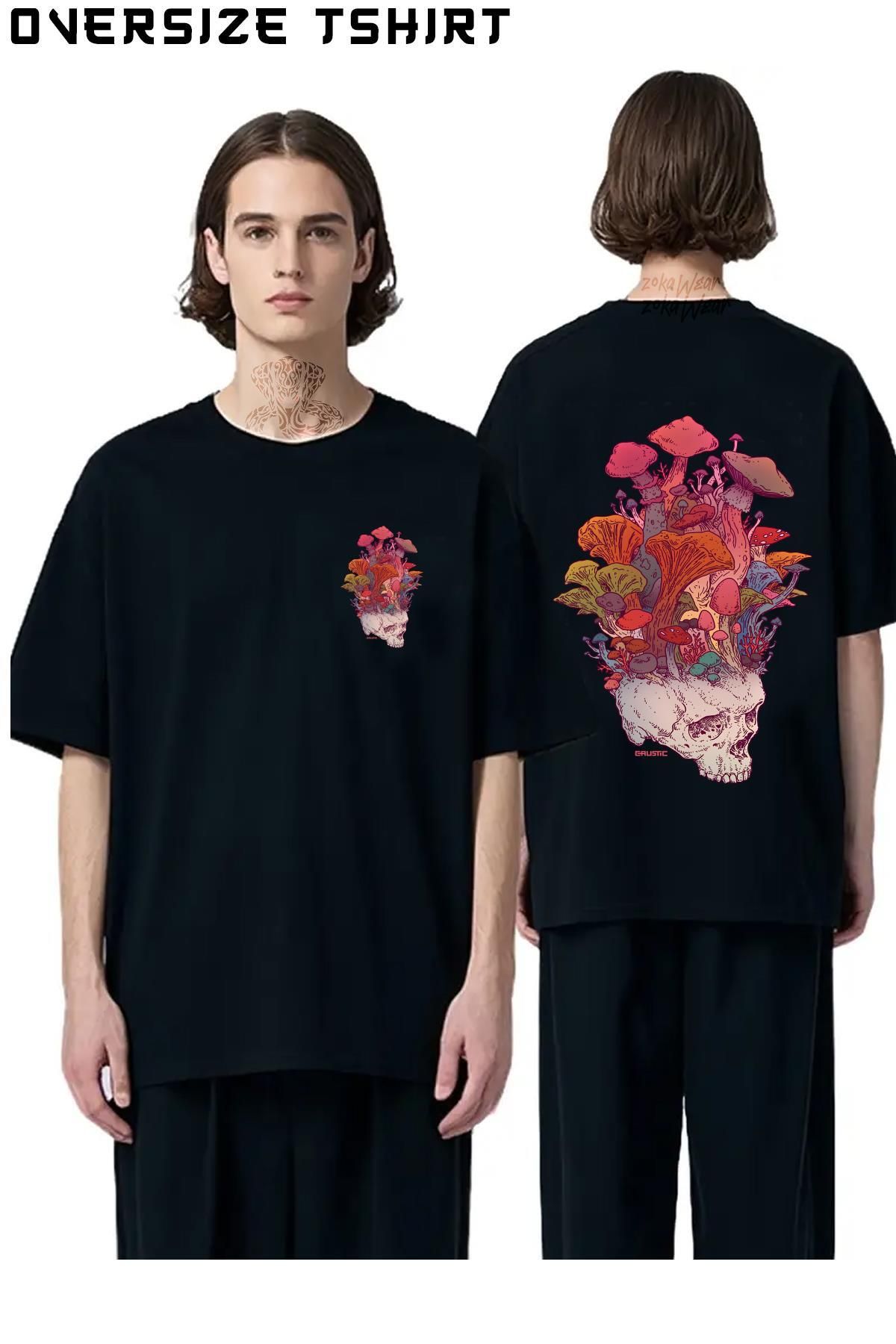 ZOKAWEAR Skull-Mushroom Sırt Baskılı Oversize Tişört