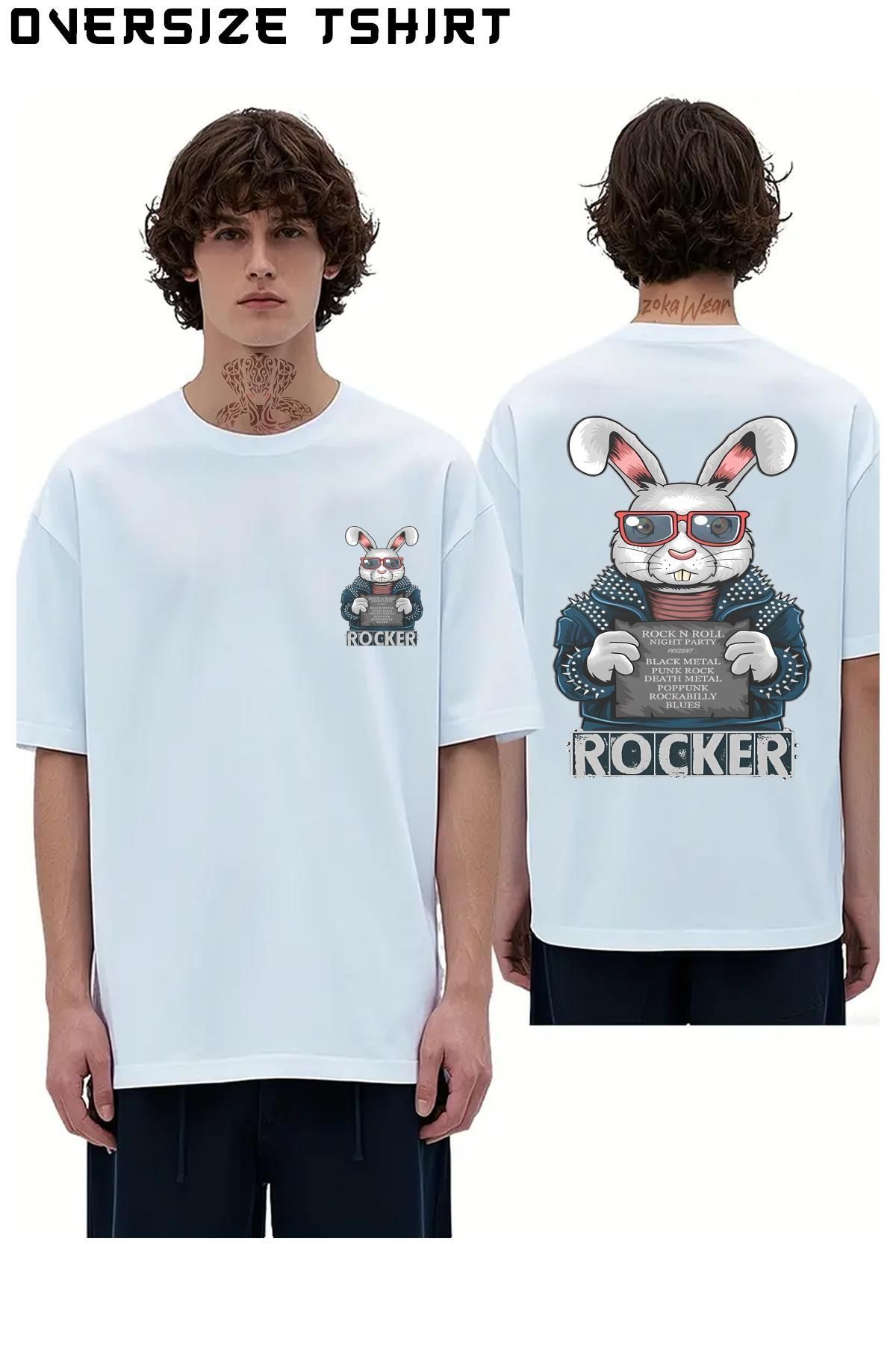 ZOKAWEAR Rock-And-Roll-Rocker-Tavşan-Black-Metal Sırt Baskılı Oversize Tişört
