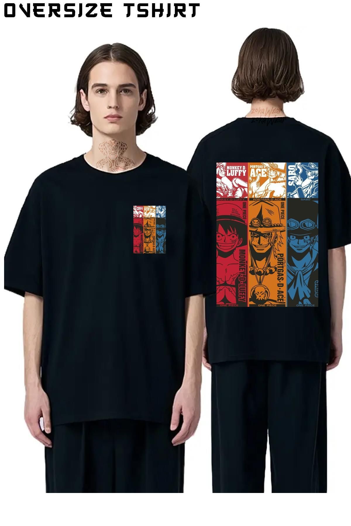 ZOKAWEAR One-Piece-Luffy-Ace-Sabo Sırt Baskılı Oversize Tişört