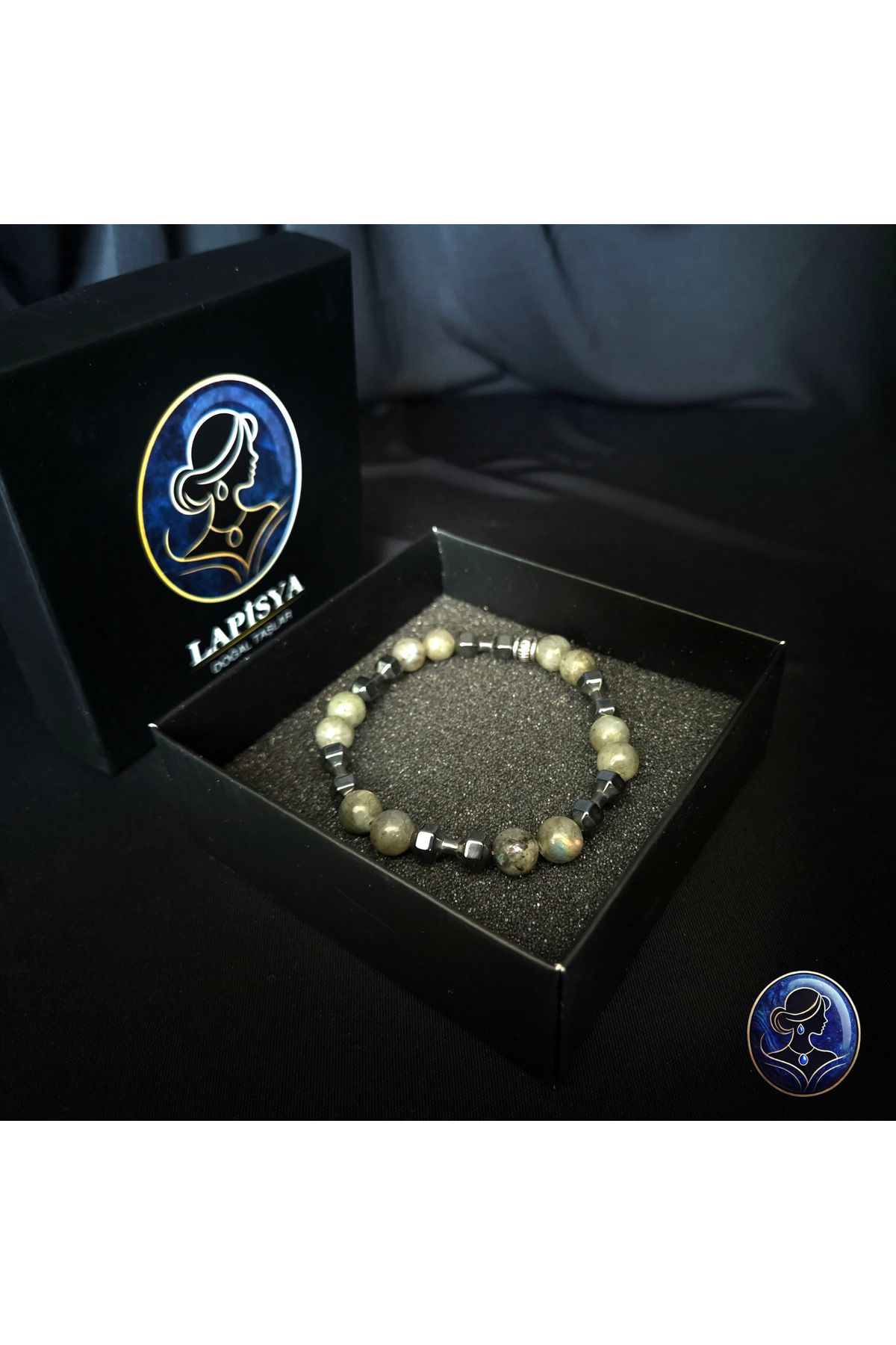 Lapisya Doğal Taş A Kalite 8mm Labradorit ve Dambıl Hematit Doğal Taş Unisex Bileklik