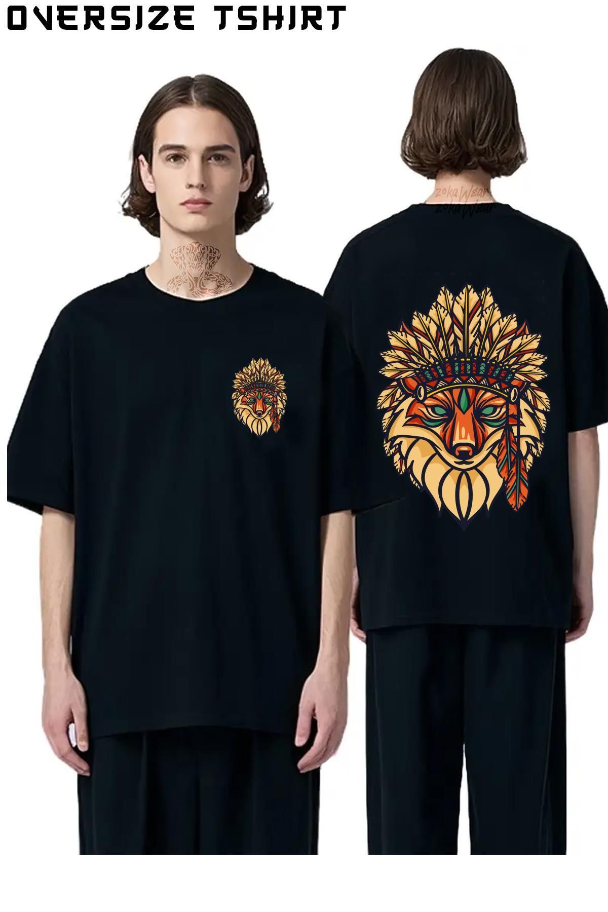 ZOKAWEAR Kızılderili-Tilki Sırt Baskılı Oversize Tişört