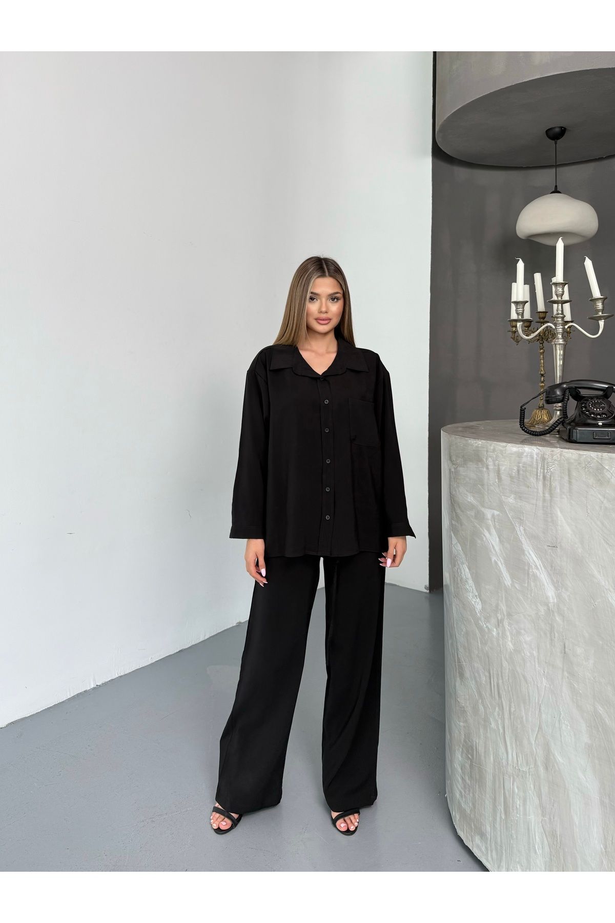 BEJNA Kadın Oversize Modal Gömlek Pantolon Takım