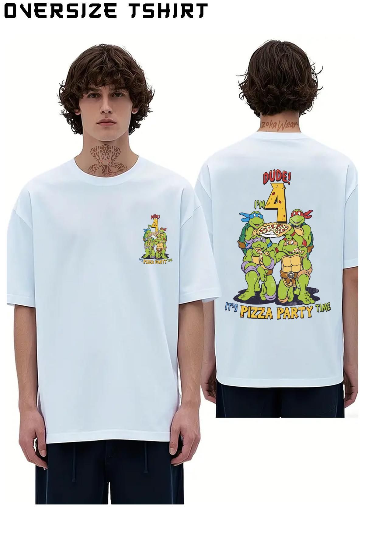 ZOKAWEAR Teenage-Mutant-Ninja-Turtles-I'm-4-Dude-Pizza-Birthday Sırt Baskılı Oversize Tişört