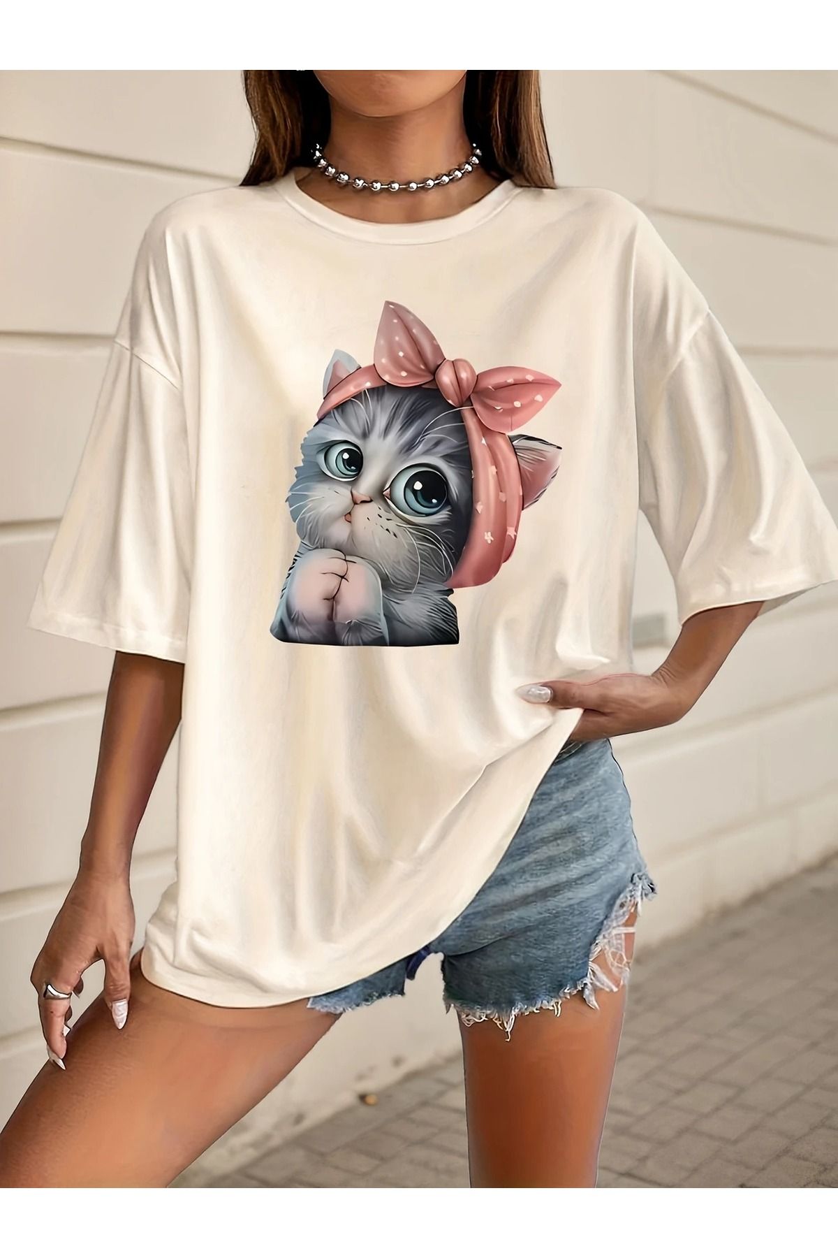 WOODROFFE Kadın Sevimli Kedi Baskılı Oversize Salaş Bisiklet Yaka T-shirt Boyfriend