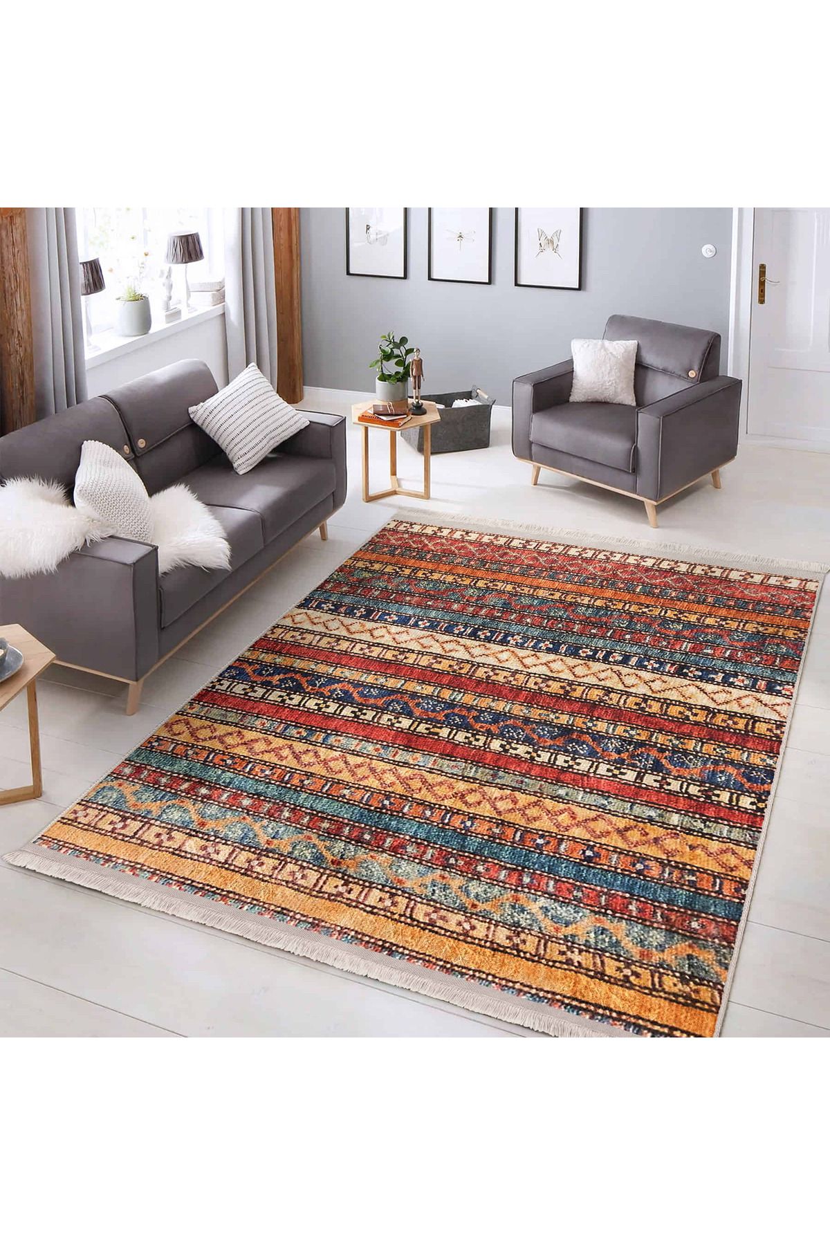 Realhomes Renkli Şerit Desenli Kaymaz Tabanlı Makinede Yıkanabilir Salon Halısı - Dikdörtgen