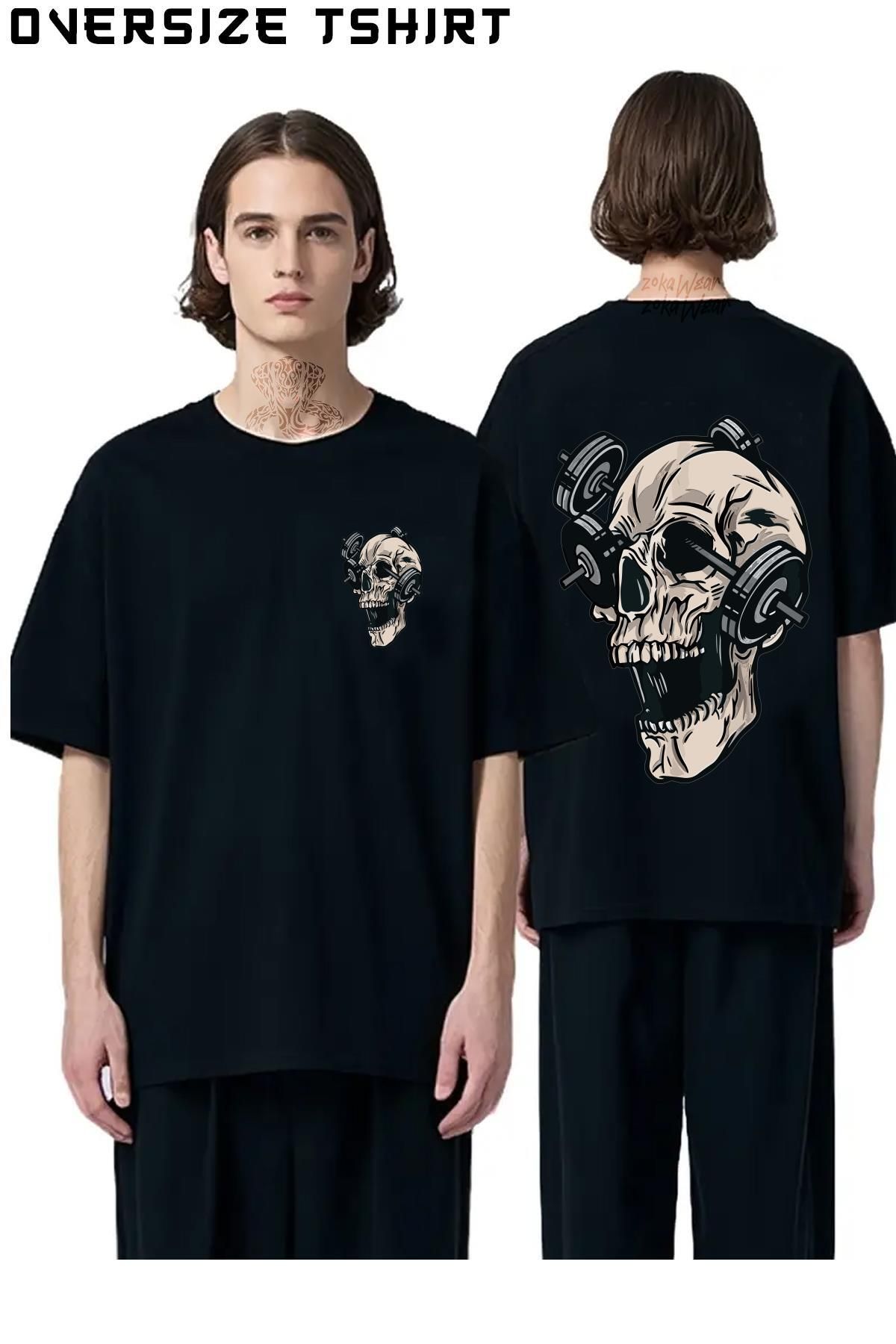 ZOKAWEAR Gym-Sporcu-Iskelet-Tutkunu Sırt Baskılı Oversize Tişört