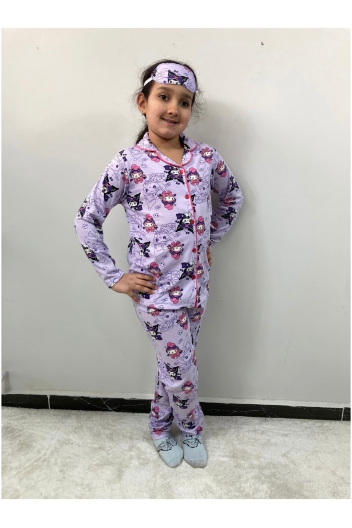PİJAKİDS-Pijakids Kuromi and Stitch Patterned Front Buttoned 2 Pcs Pajamas Set Lilac and Pink 50140 2