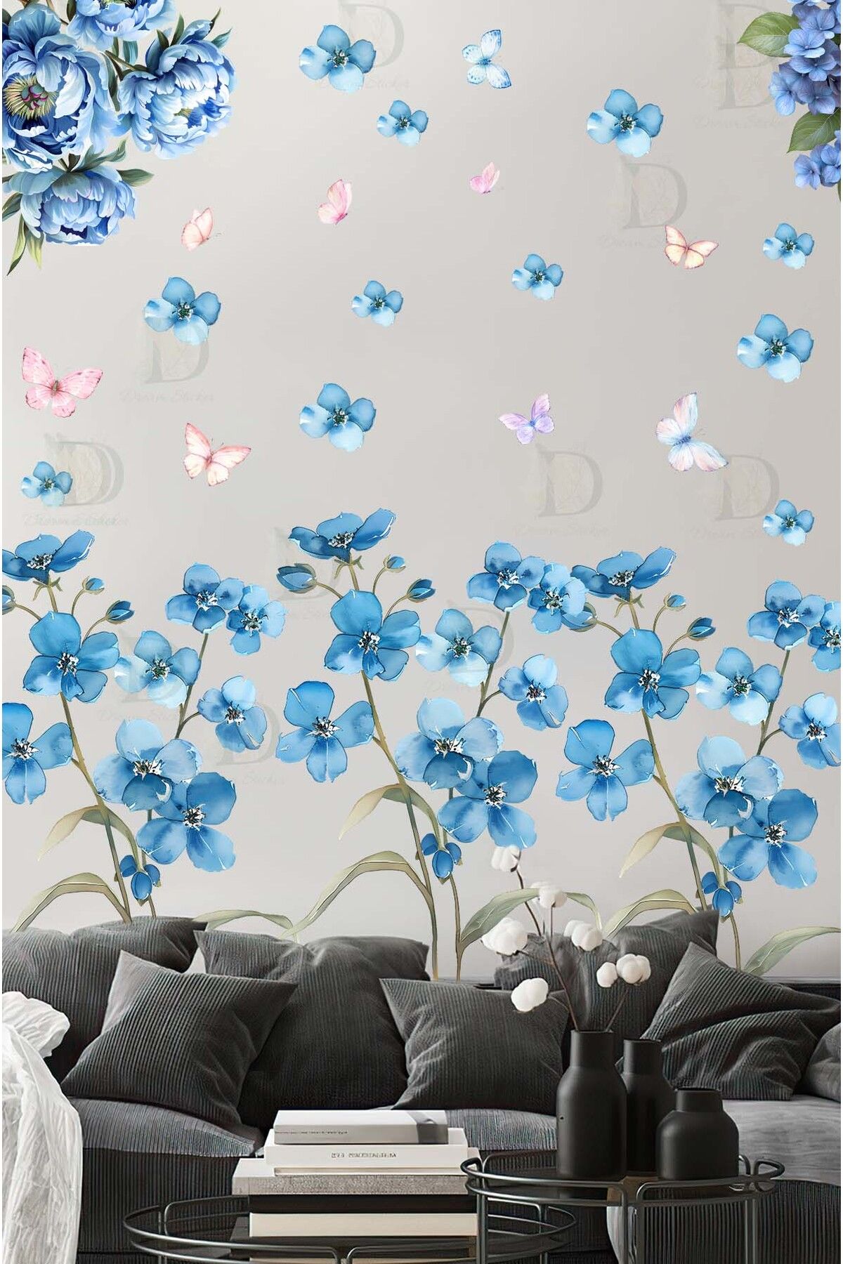 KT Decor Sulu Boya Mavi Çiçekler ve Kelebekler Duvar Sticker Seti